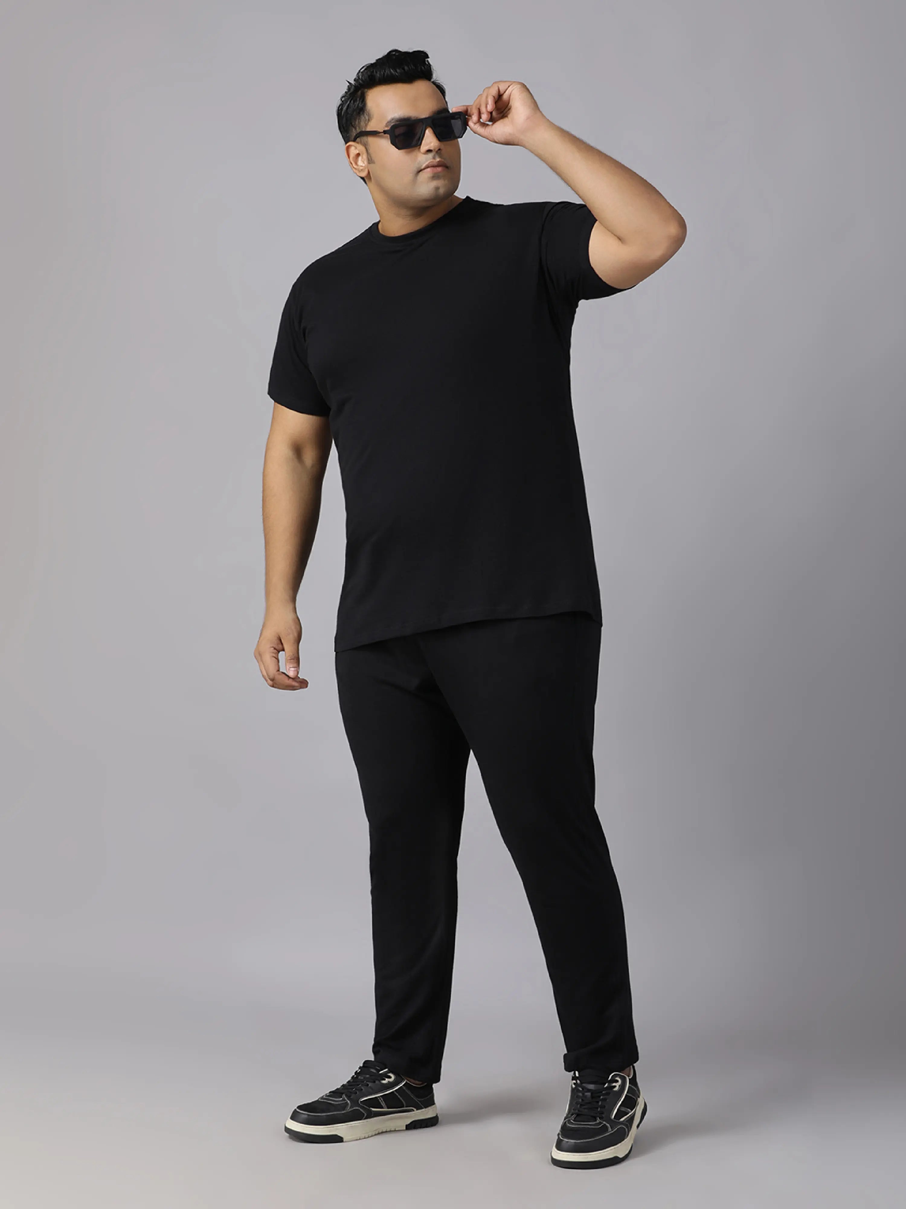 Black Solid Knits Plus Size Men’s Full Co-ord Set
