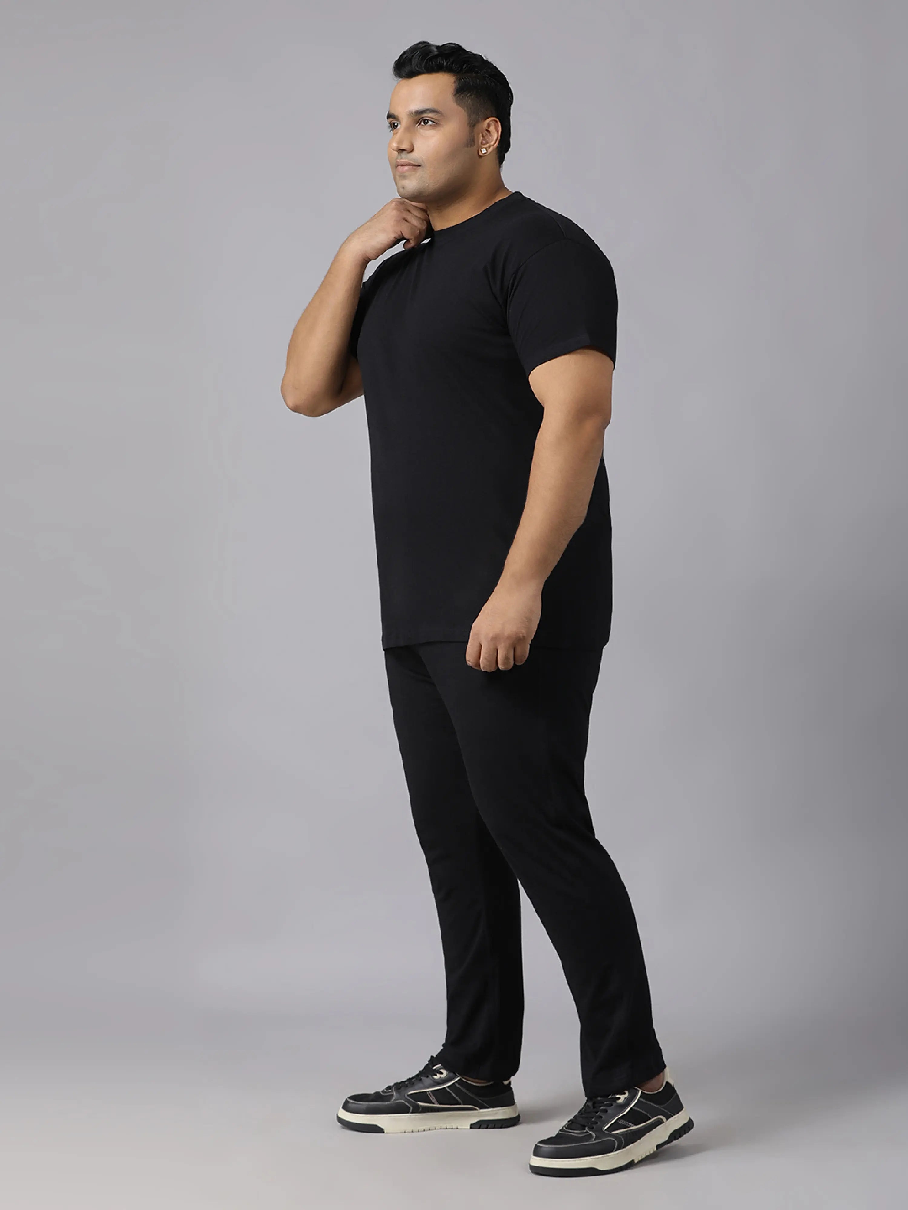 Black Solid Knits Plus Size Men’s Full Co-ord Set