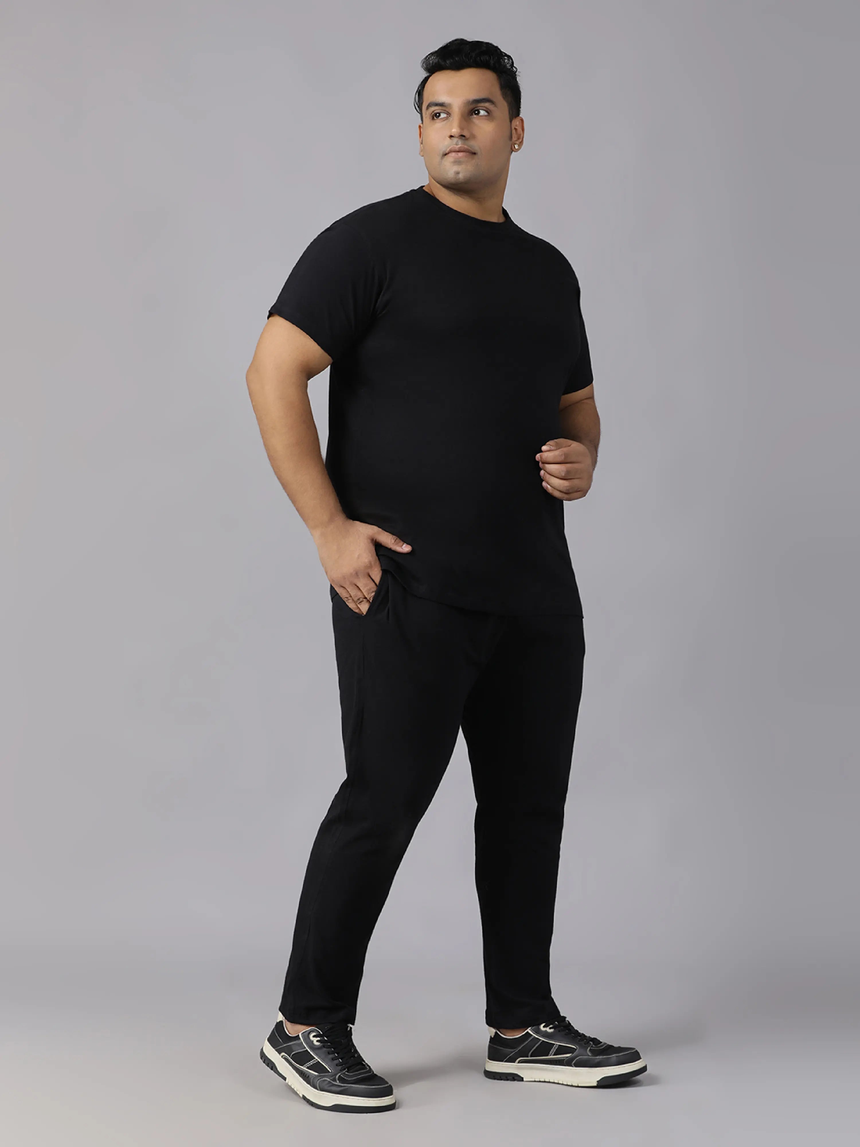 Black Solid Knits Plus Size Men’s Full Co-ord Set