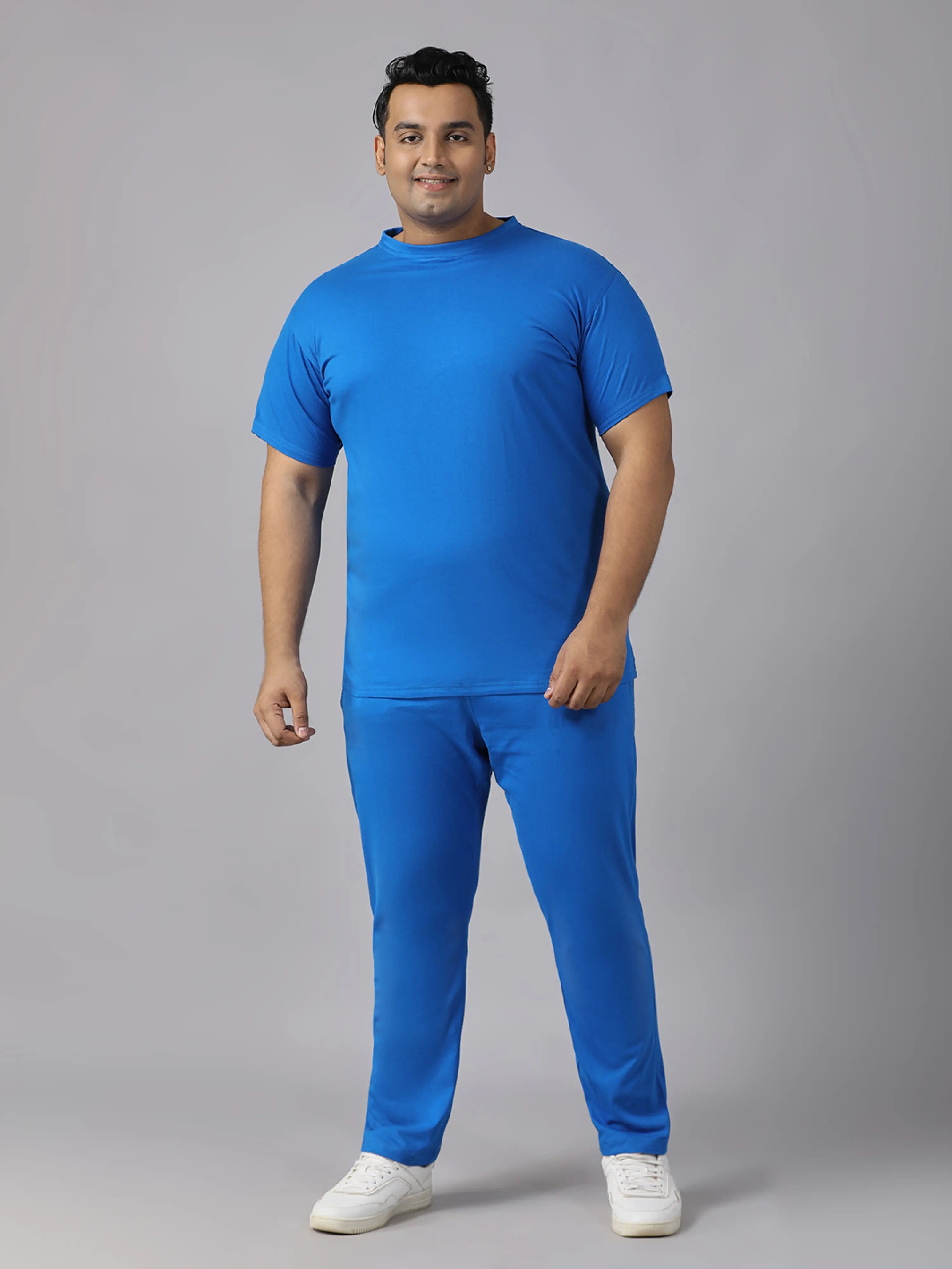 Blue Solid Knits Plus Size Men’s Full Co-ord Set