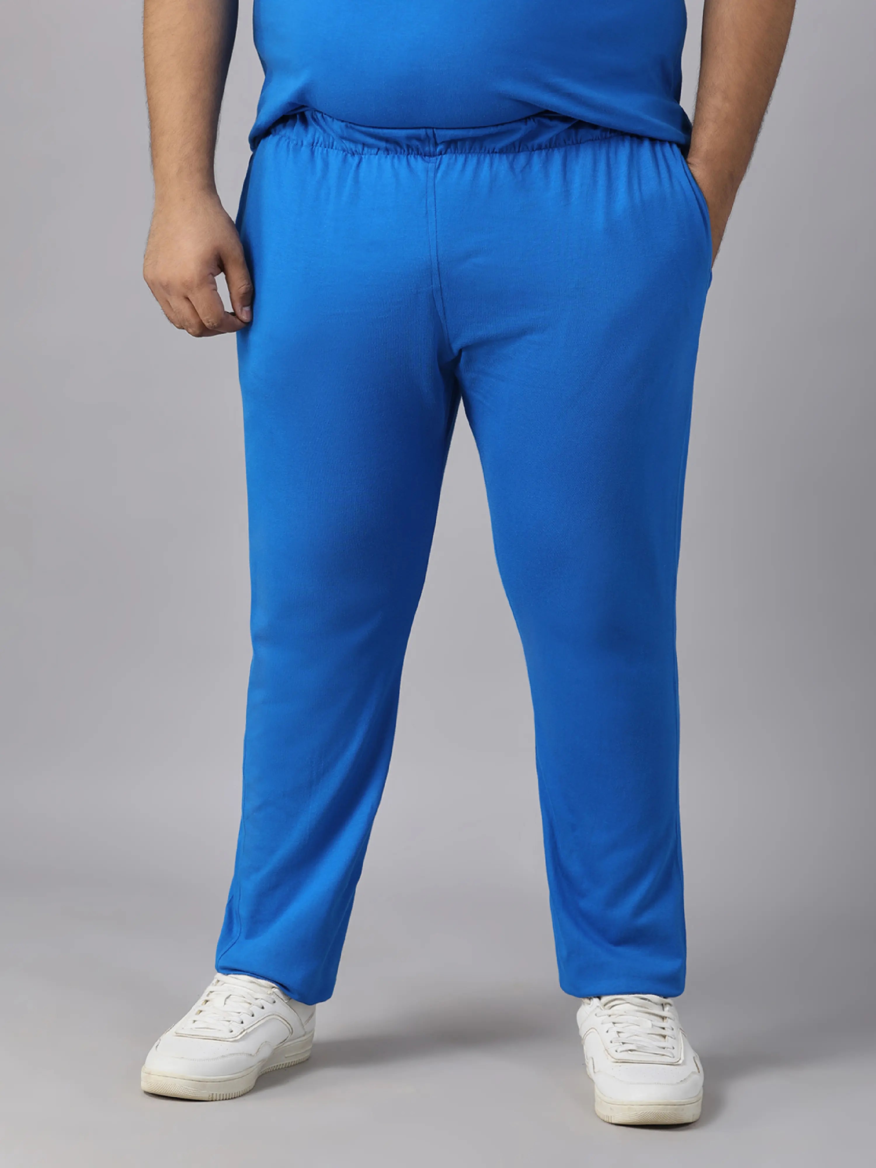 Blue Solid Knits Plus Size Men’s Full Co-ord Set