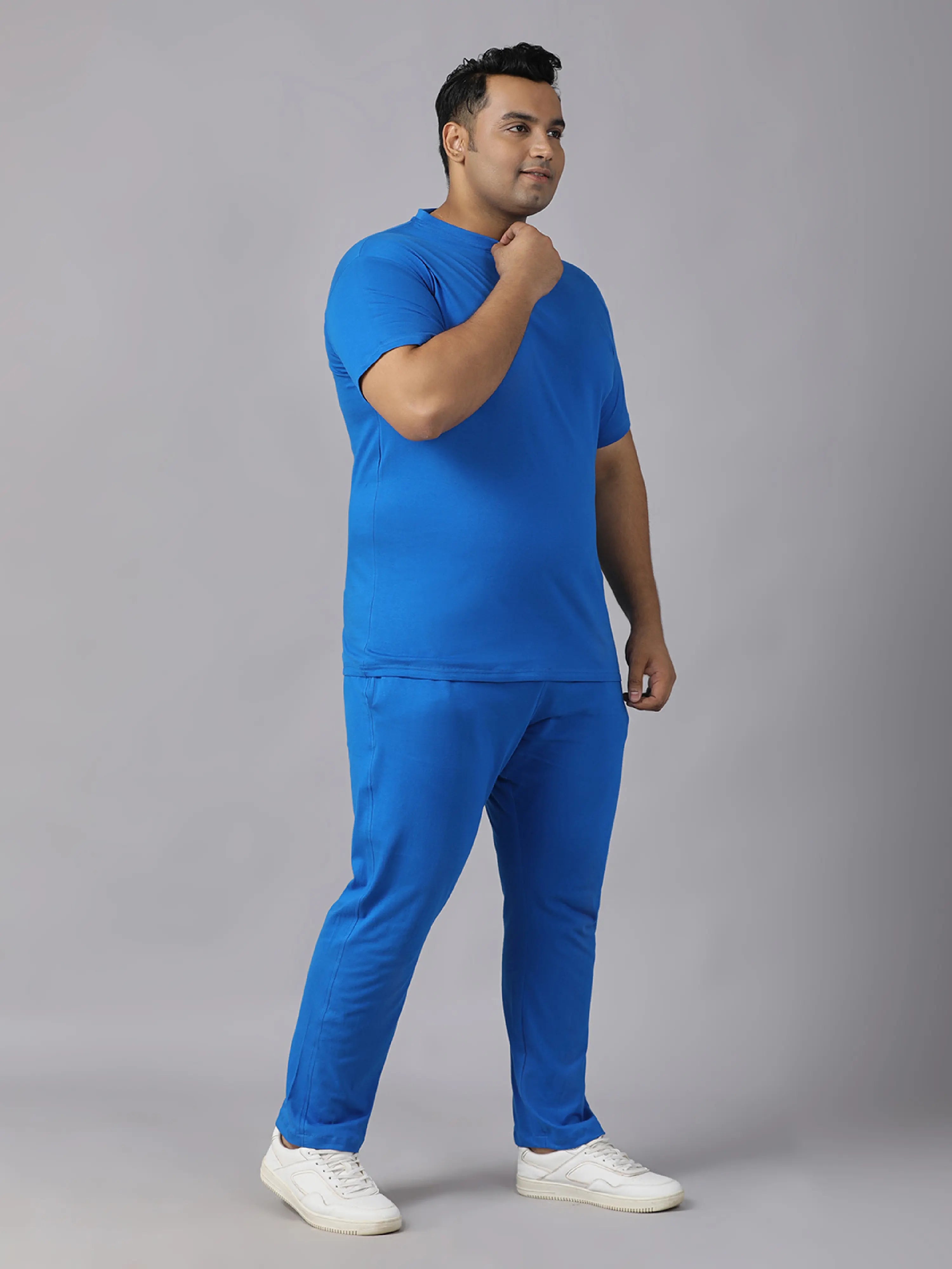 Blue Solid Knits Plus Size Men’s Full Co-ord Set