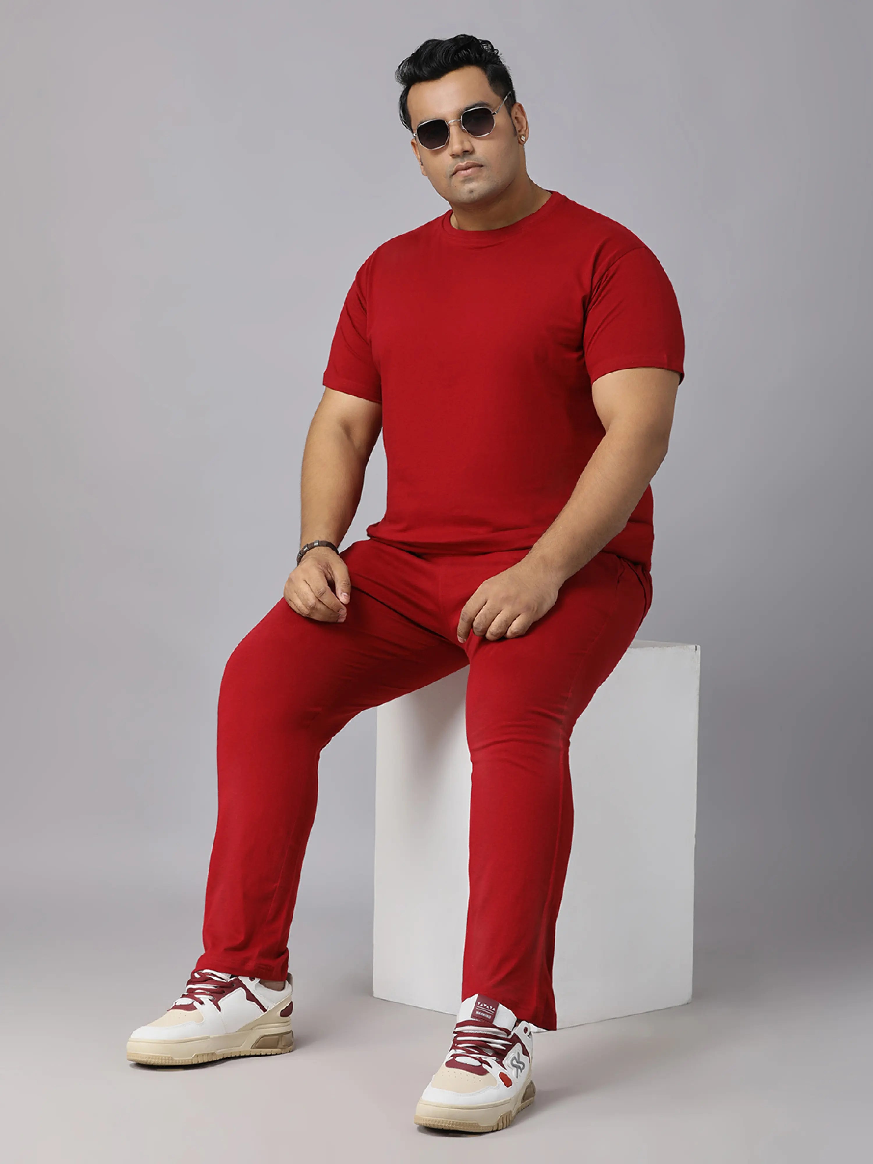 Red Solid Knits Plus Size Men’s Full Co-ord Set