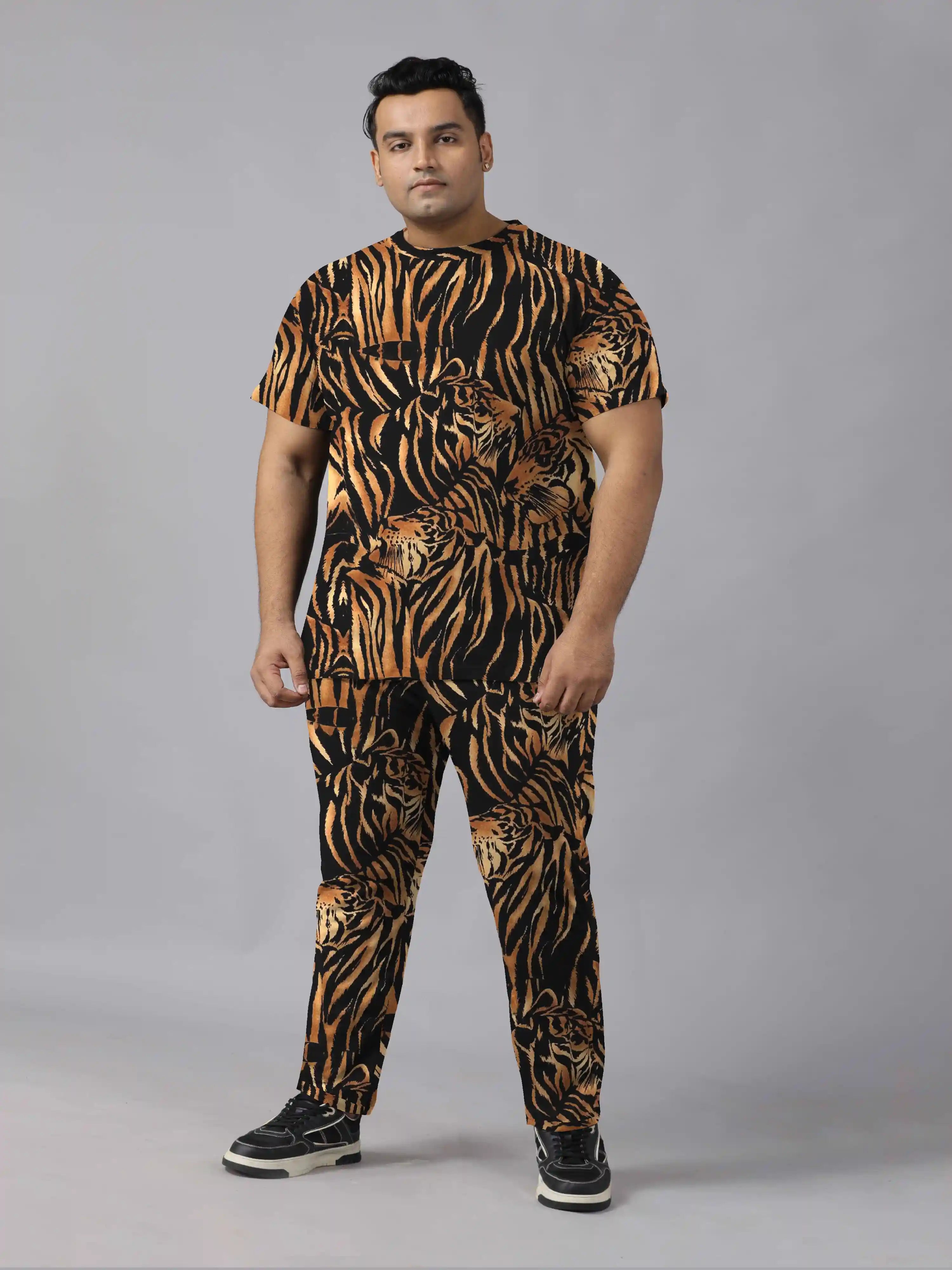 Stripes of Tigers Digital Printed  Knits Plus Size Men’s Full Co-ord Set