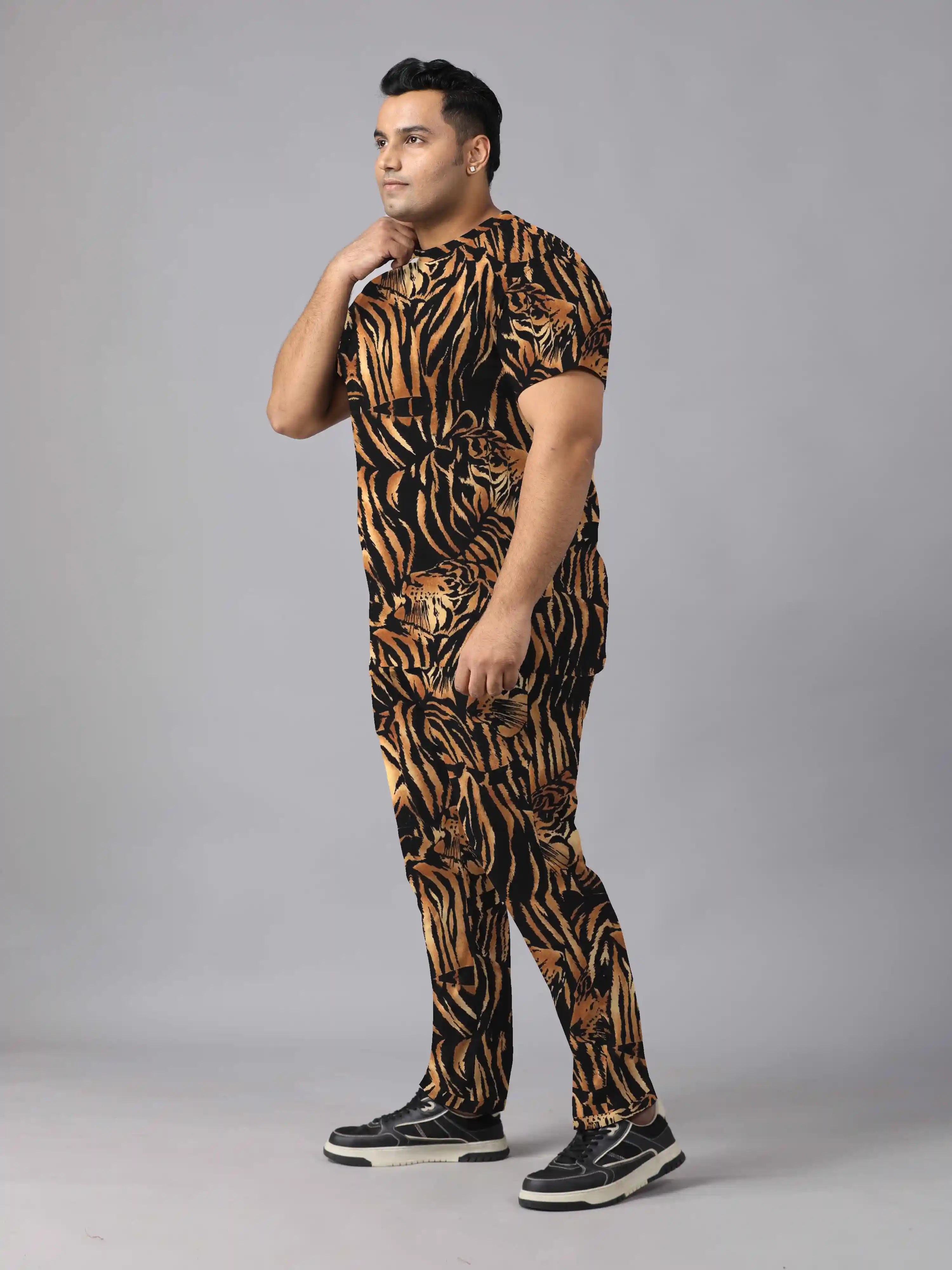 Stripes of Tigers Digital Printed  Knits Plus Size Men’s Full Co-ord Set