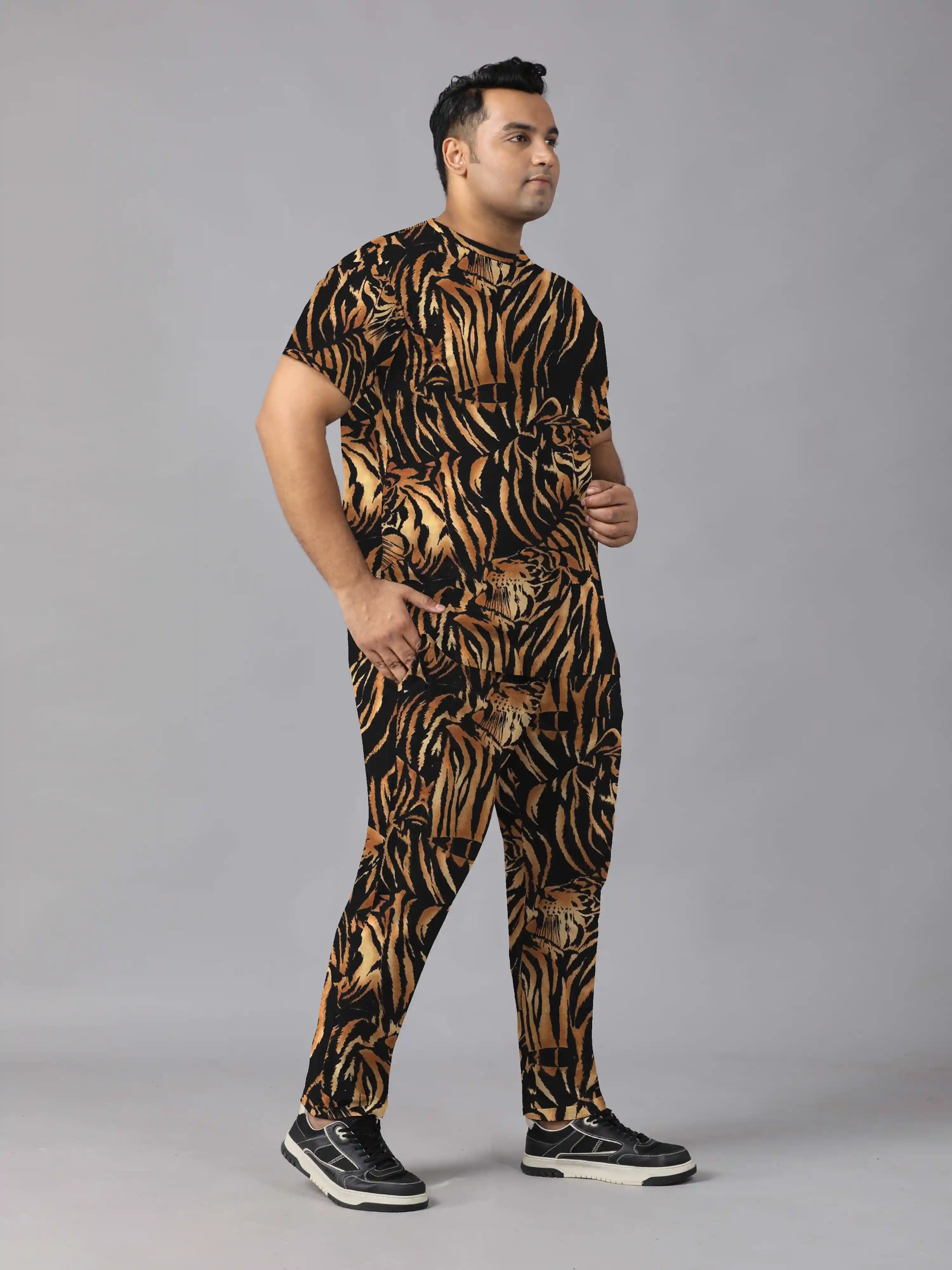 Stripes of Tigers Digital Printed  Knits Plus Size Men’s Full Co-ord Set