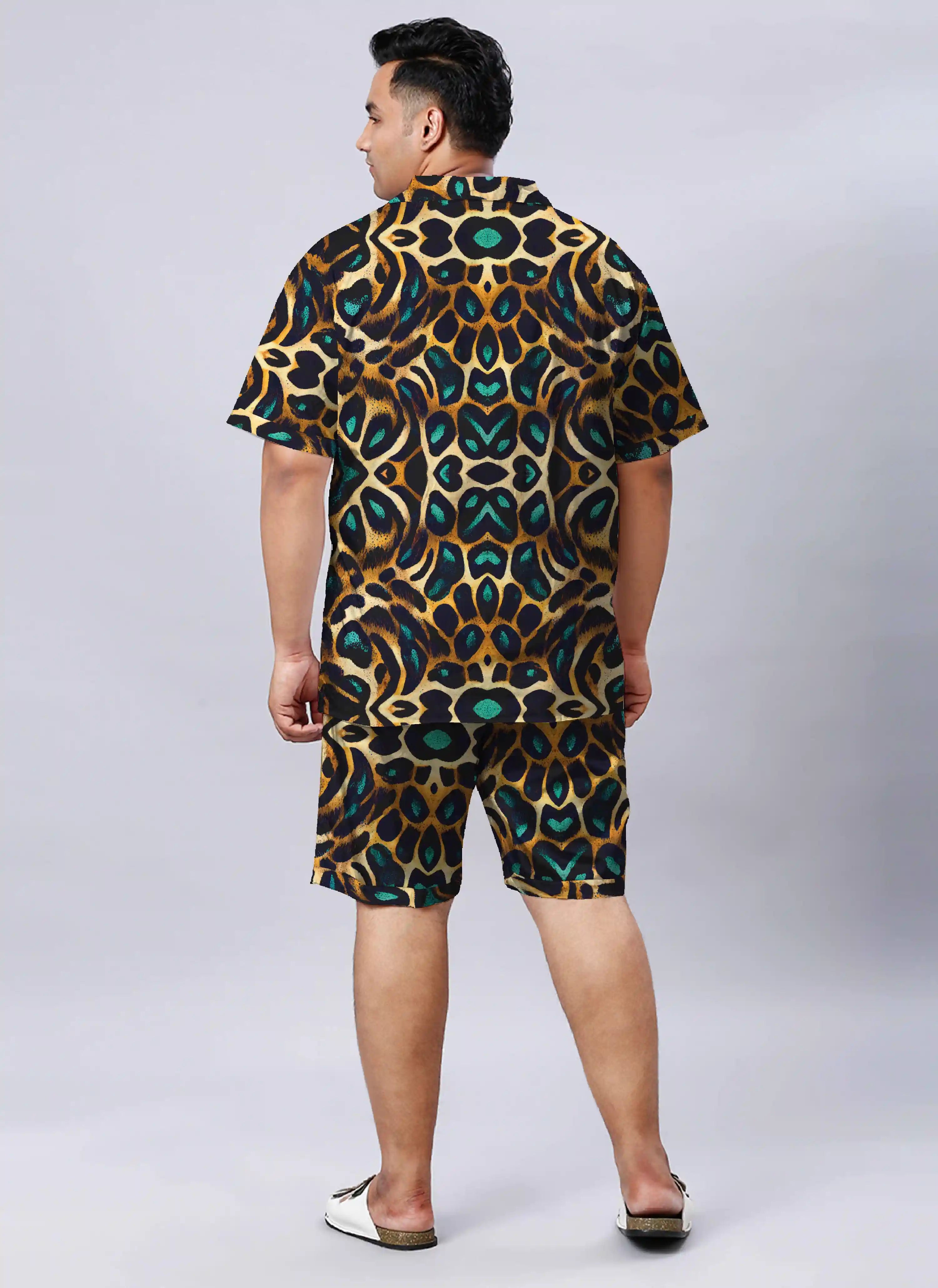 Leopard Pattern Digital Printed Plus Size Men's Half Co-Ord Set