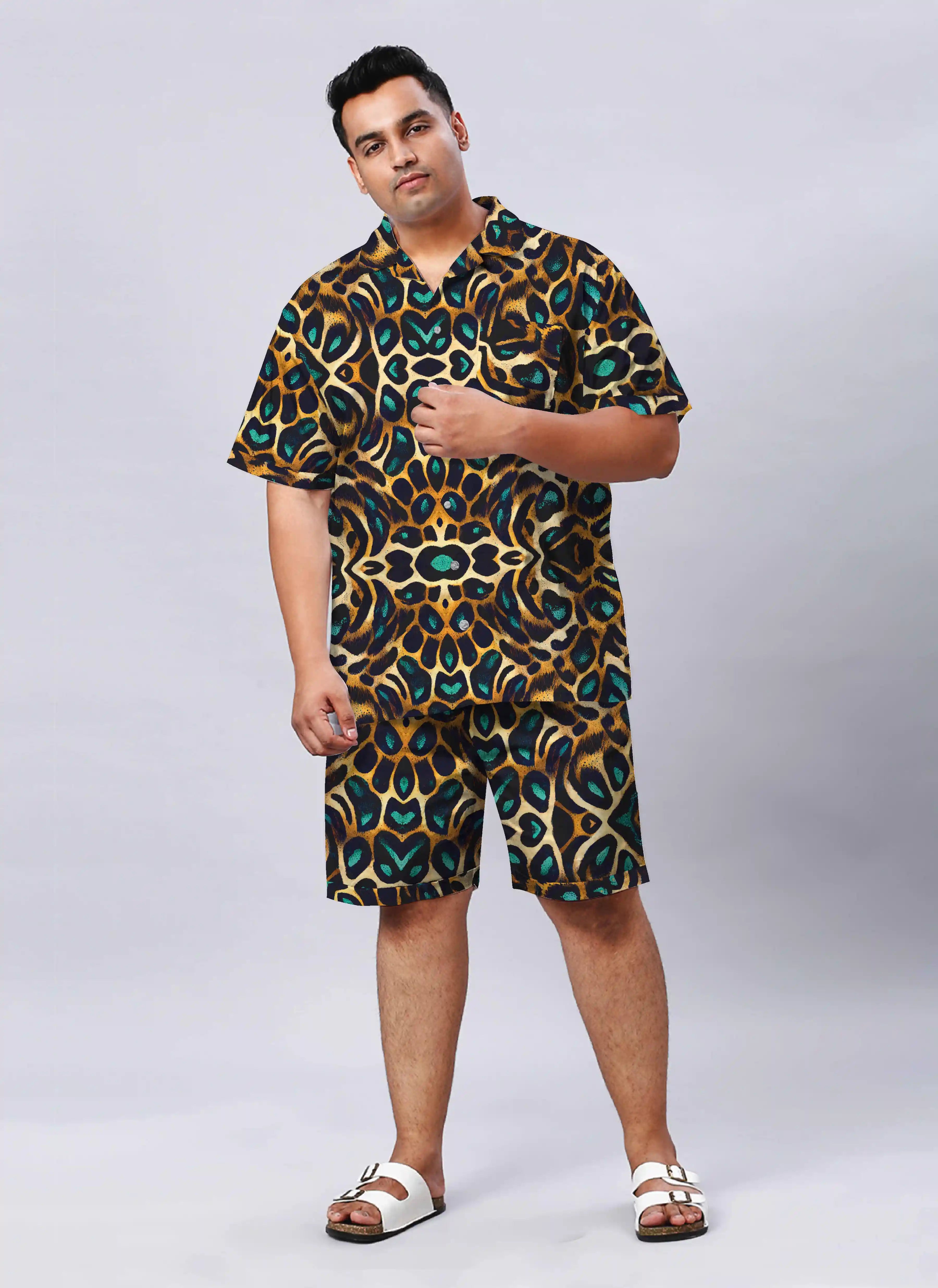 Leopard Pattern Digital Printed Plus Size Men's Half Co-Ord Set