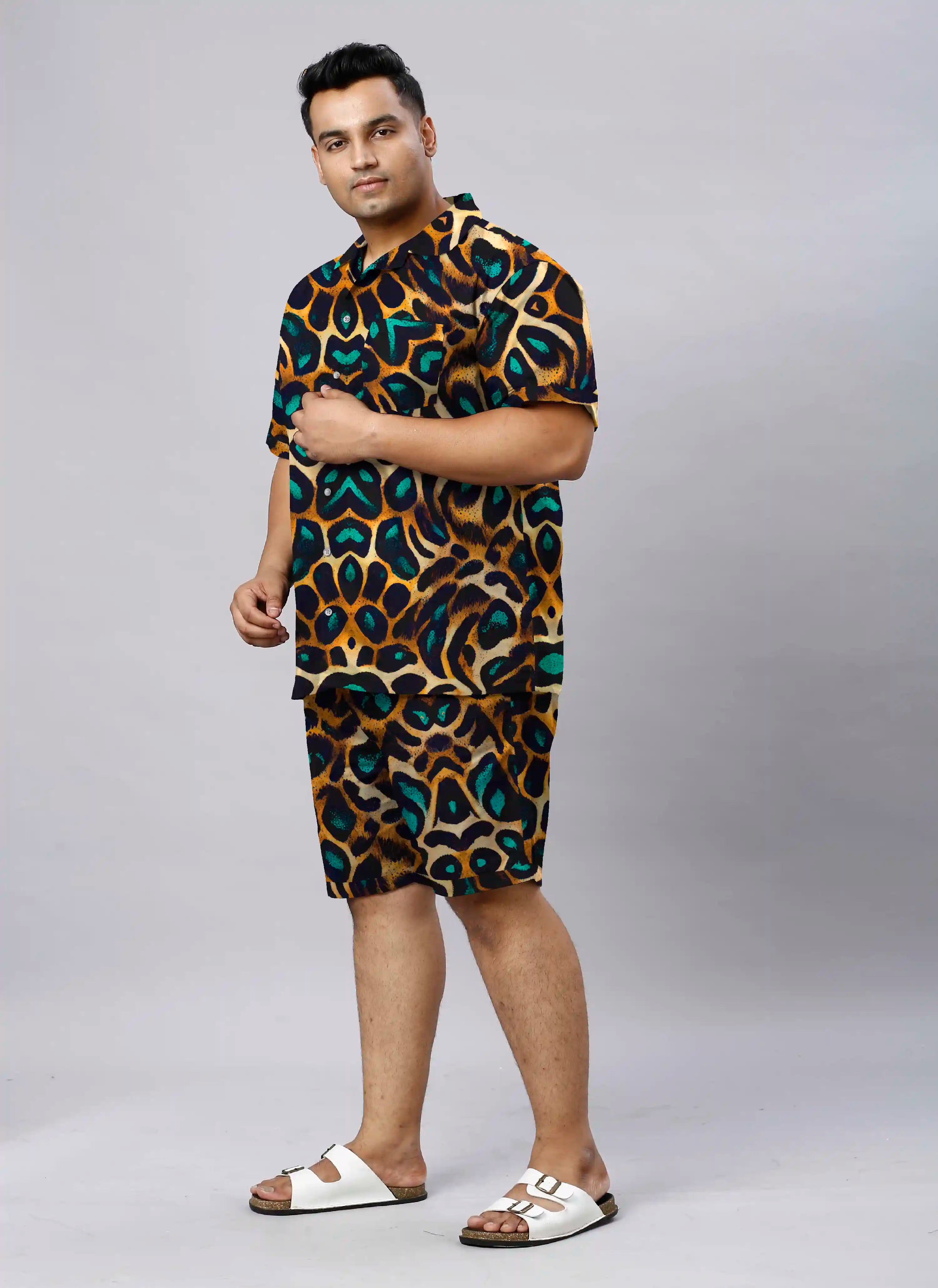 Leopard Pattern Digital Printed Plus Size Men's Half Co-Ord Set