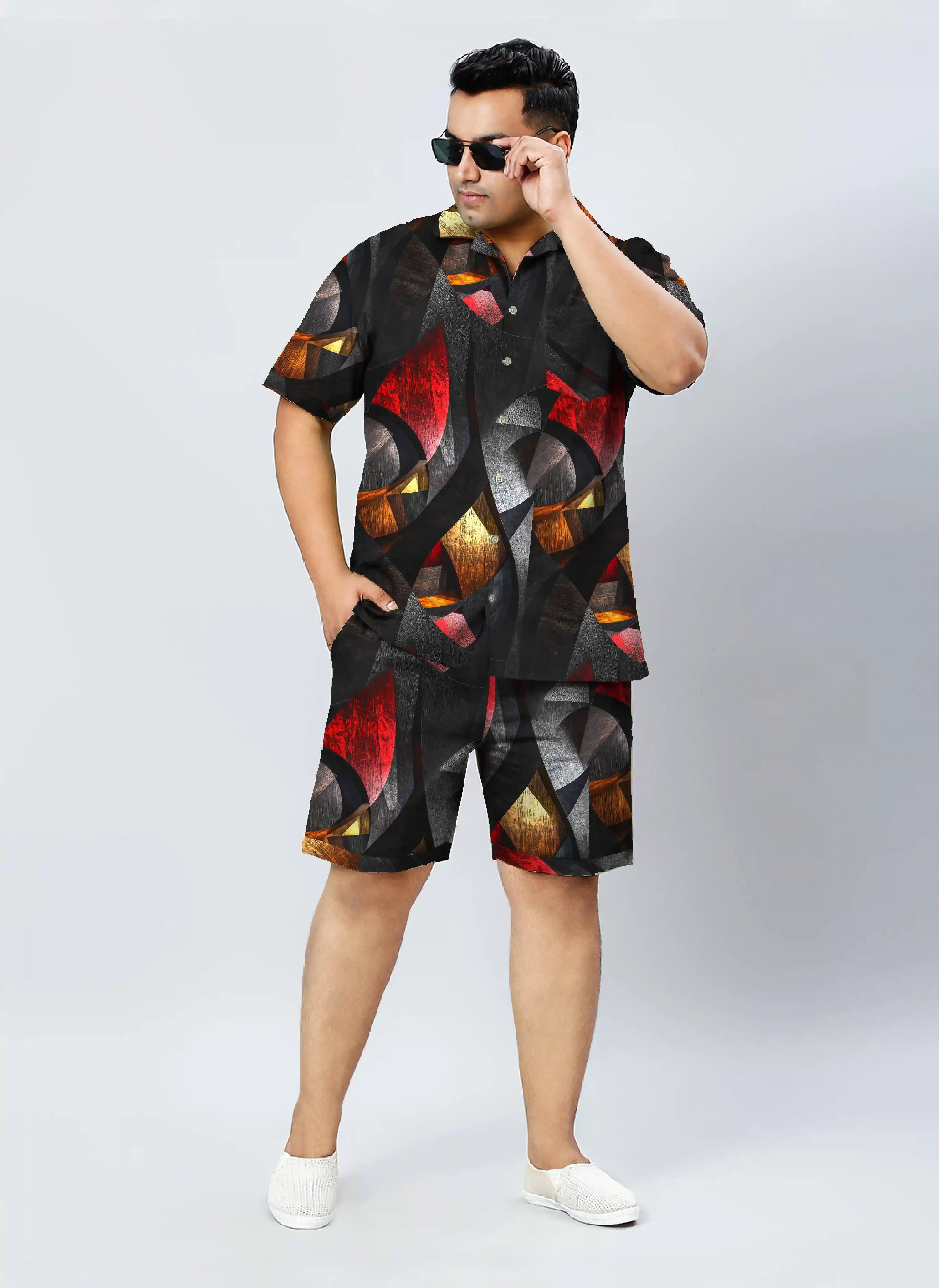 Geometric Shapes Digital Printed Plus Size Men's Half Co-Ord Set