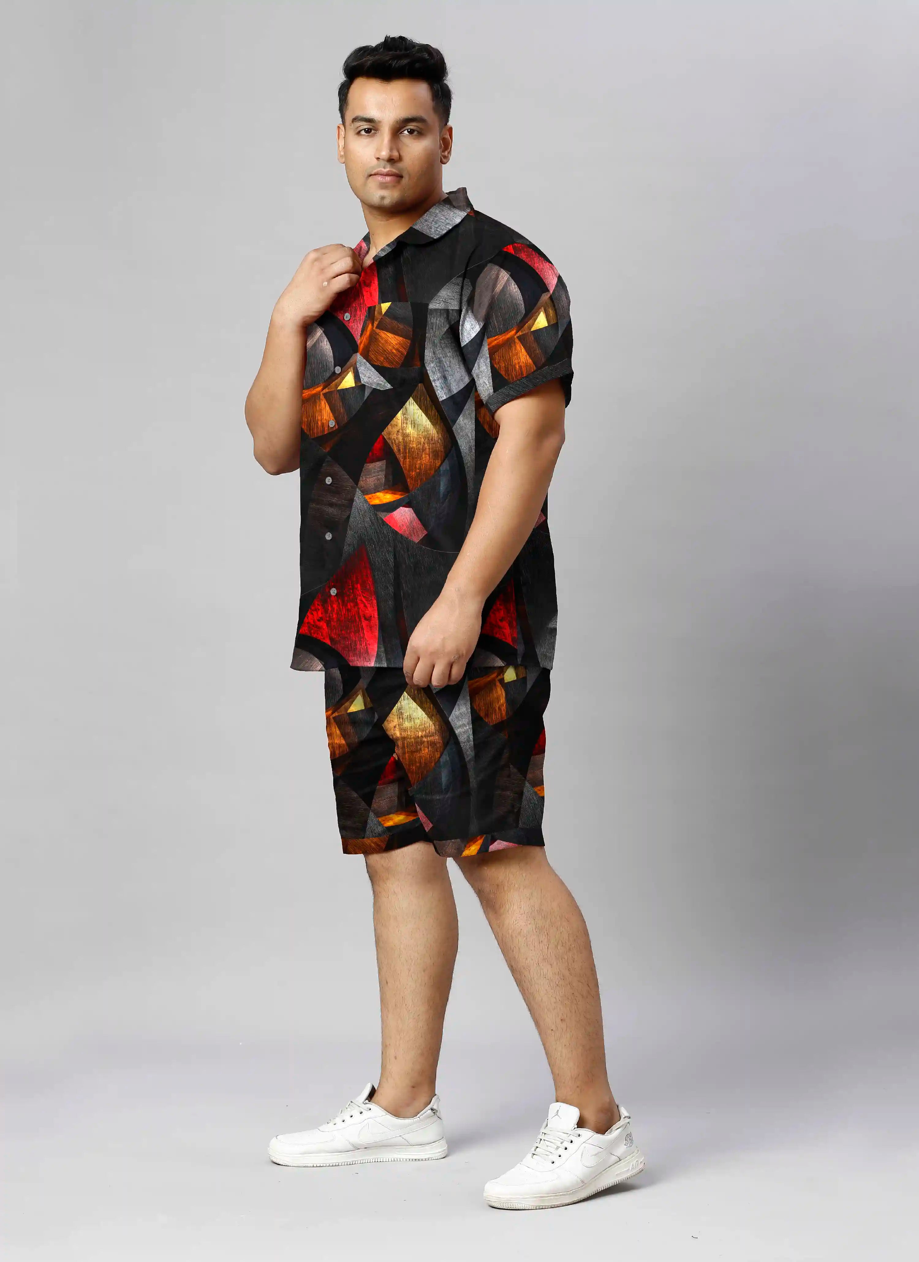 Geometric Shapes Digital Printed Plus Size Men's Half Co-Ord Set