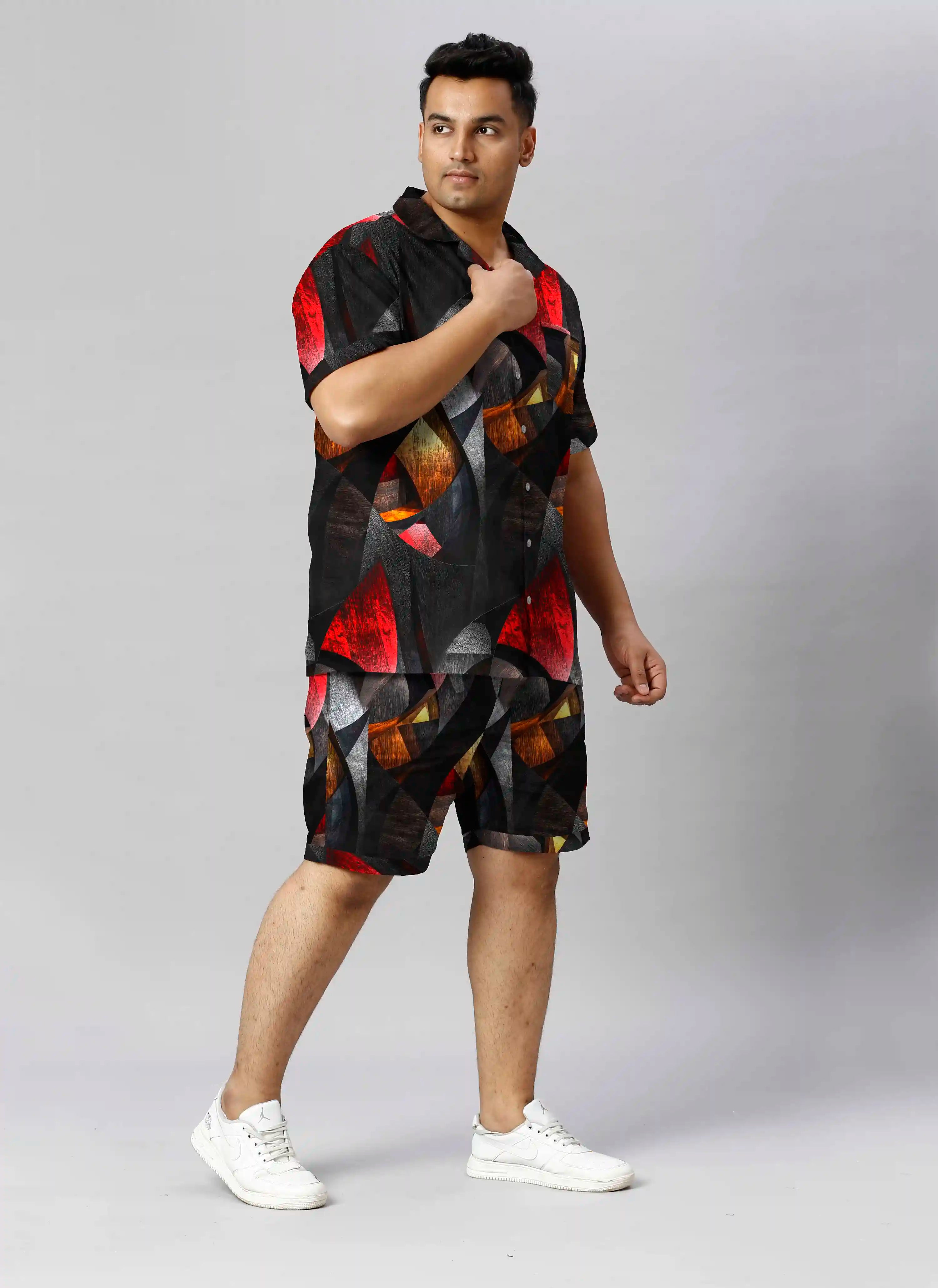 Geometric Shapes Digital Printed Plus Size Men's Half Co-Ord Set