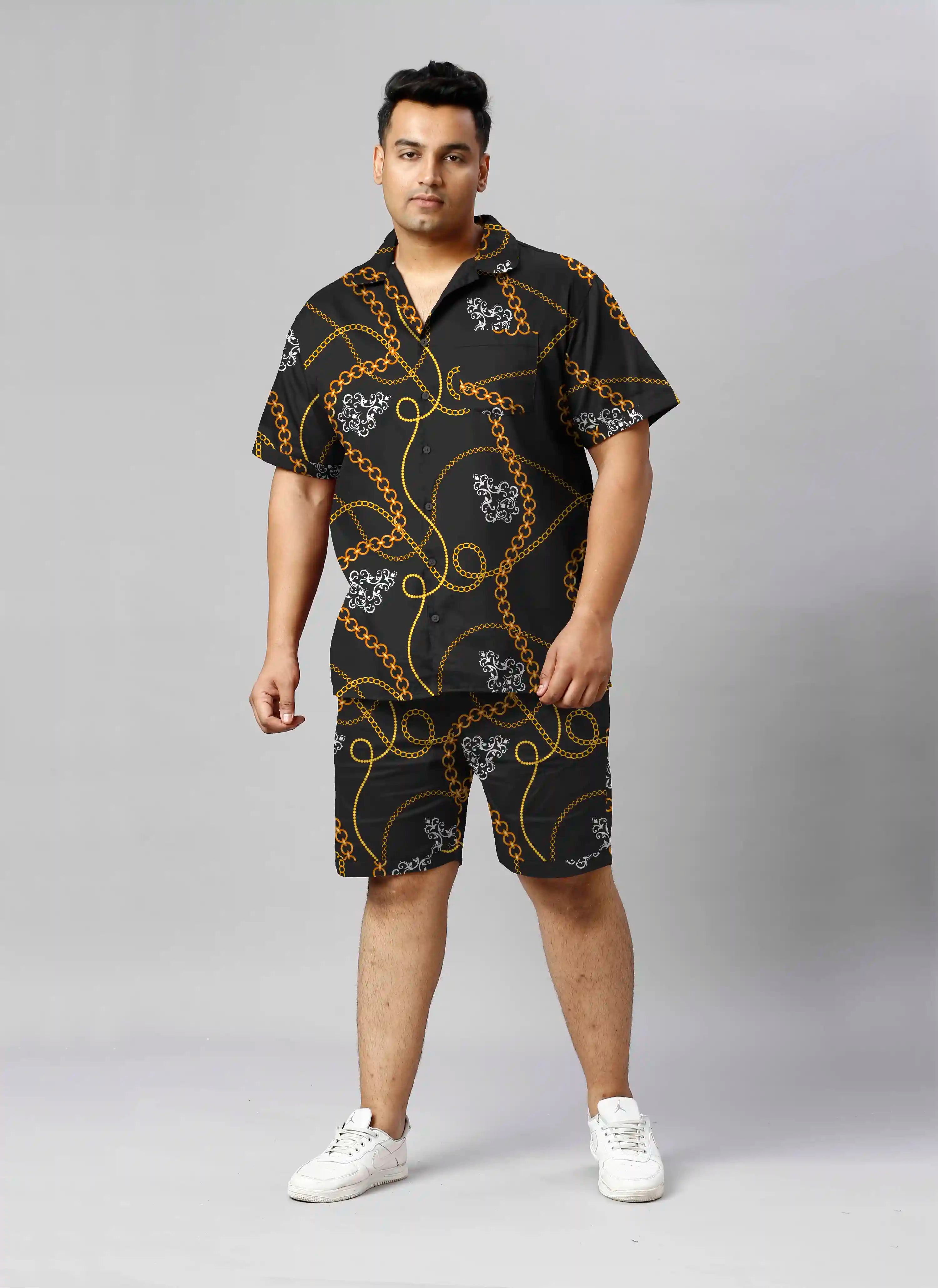 Gold Chain Digital Printed Plus Size Men's Half Co-Ord Set
