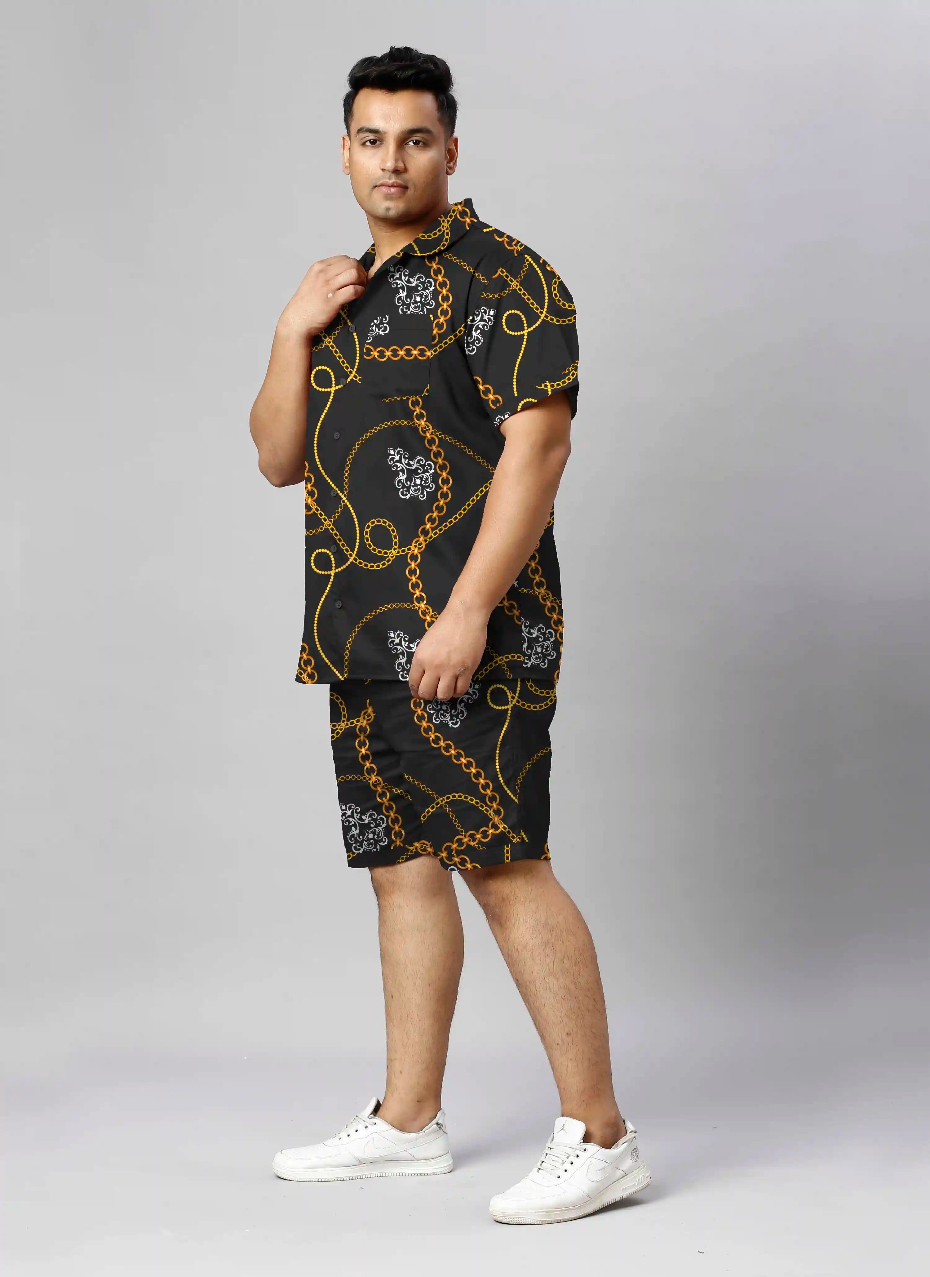 Gold Chain Digital Printed Plus Size Men's Half Co-Ord Set
