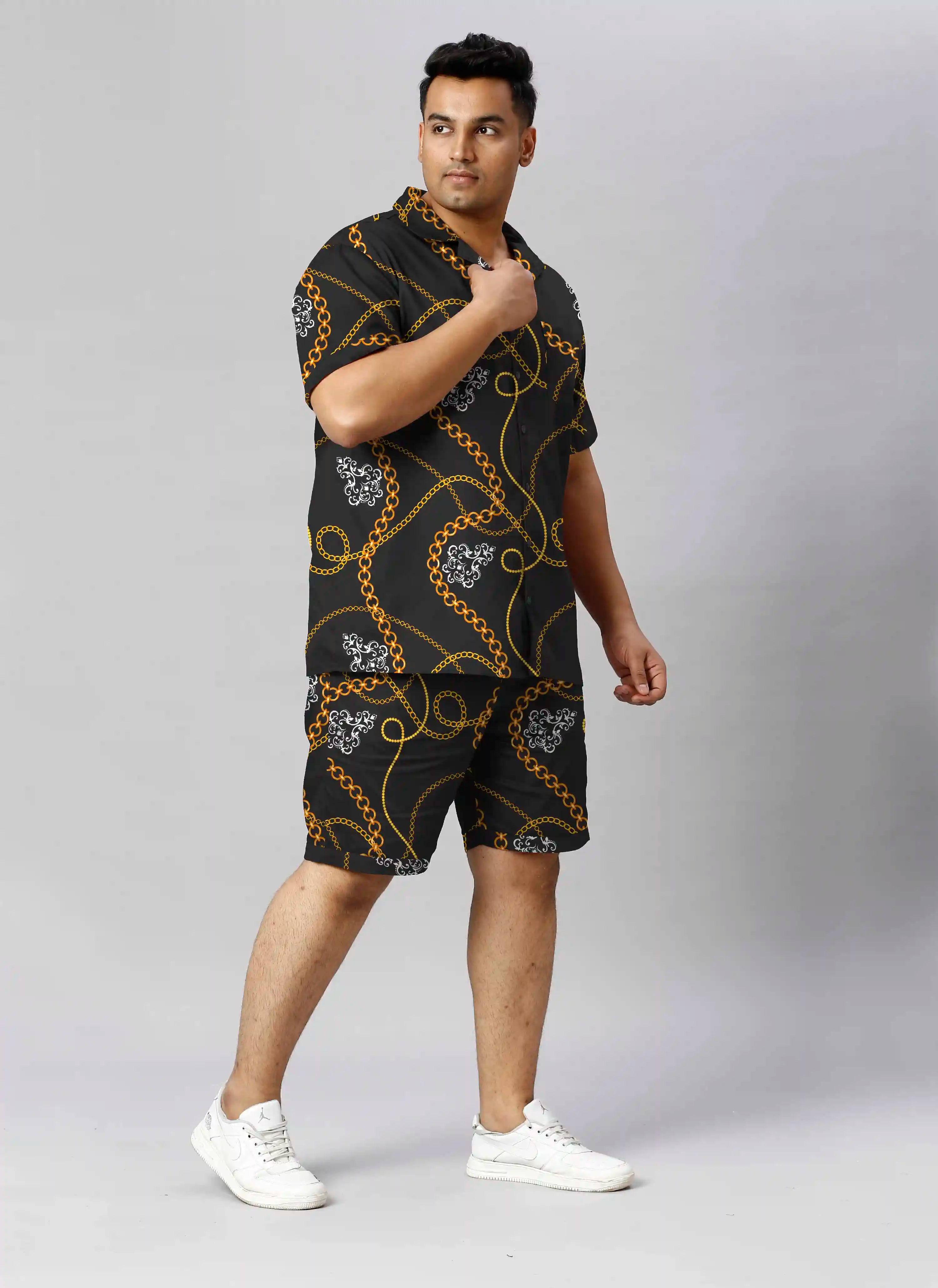 Gold Chain Digital Printed Plus Size Men's Half Co-Ord Set
