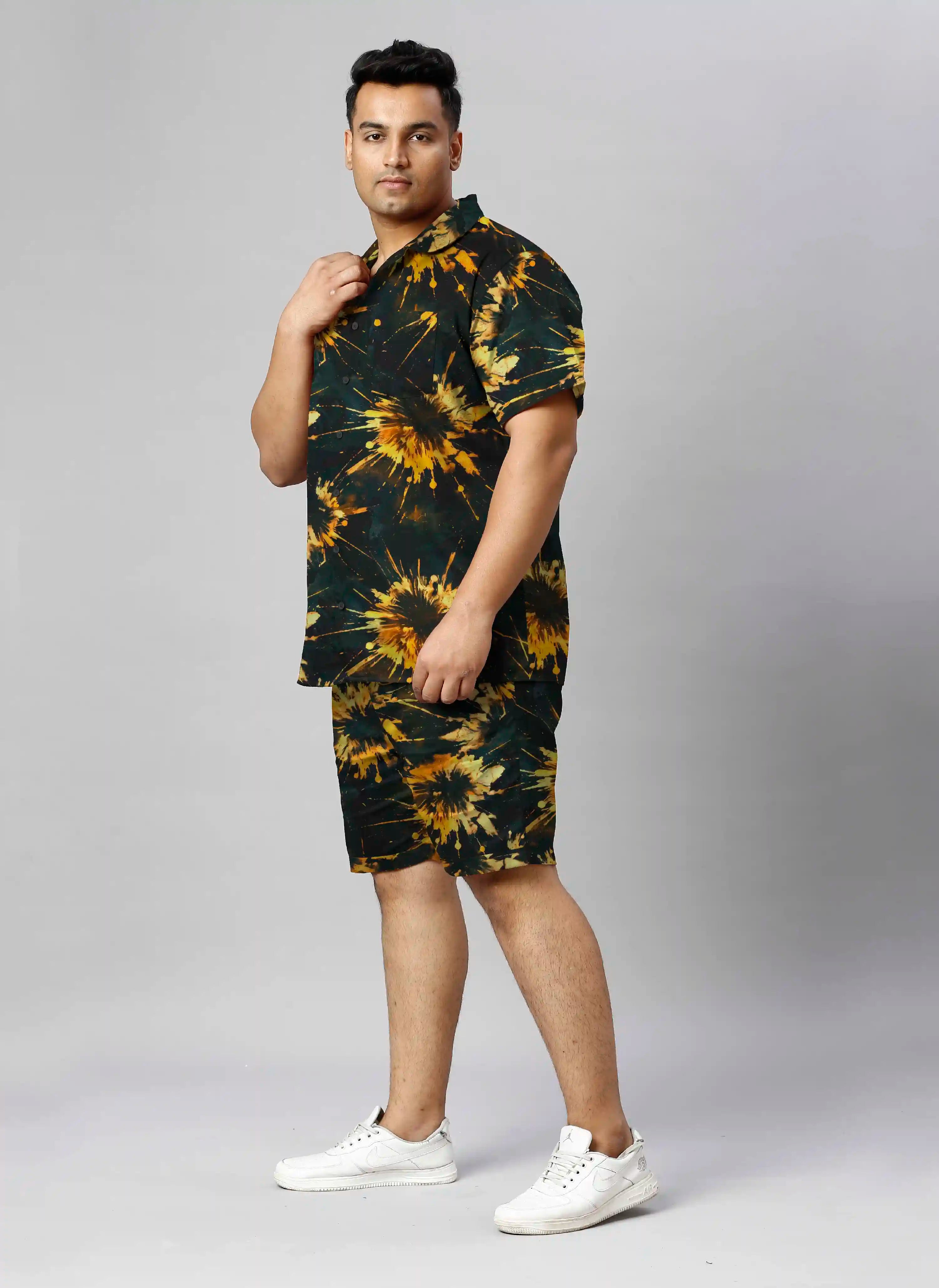 Tie-Dye Golden  Digital Printed Plus Size Men's Half Co-Ord Set