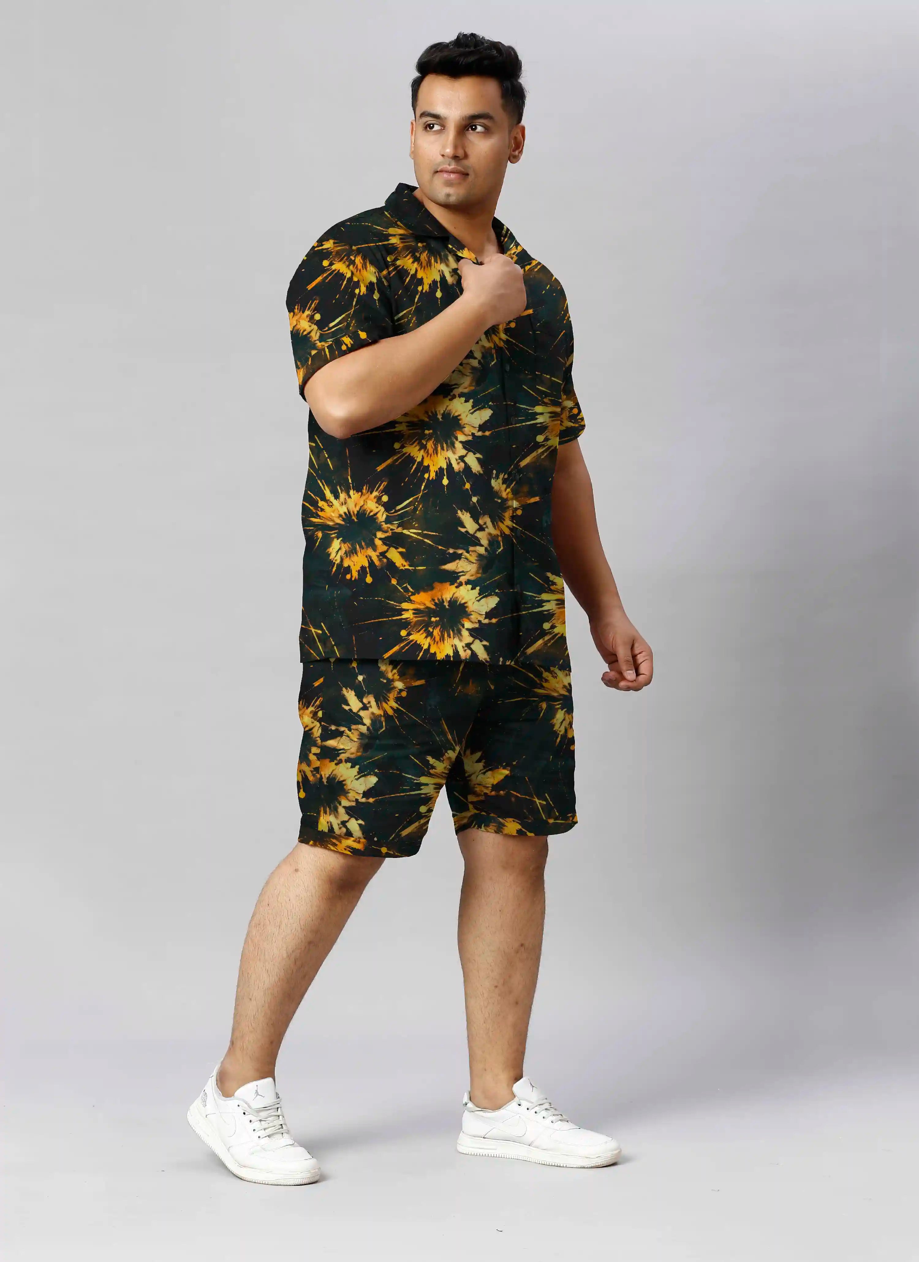 Tie-Dye Golden  Digital Printed Plus Size Men's Half Co-Ord Set