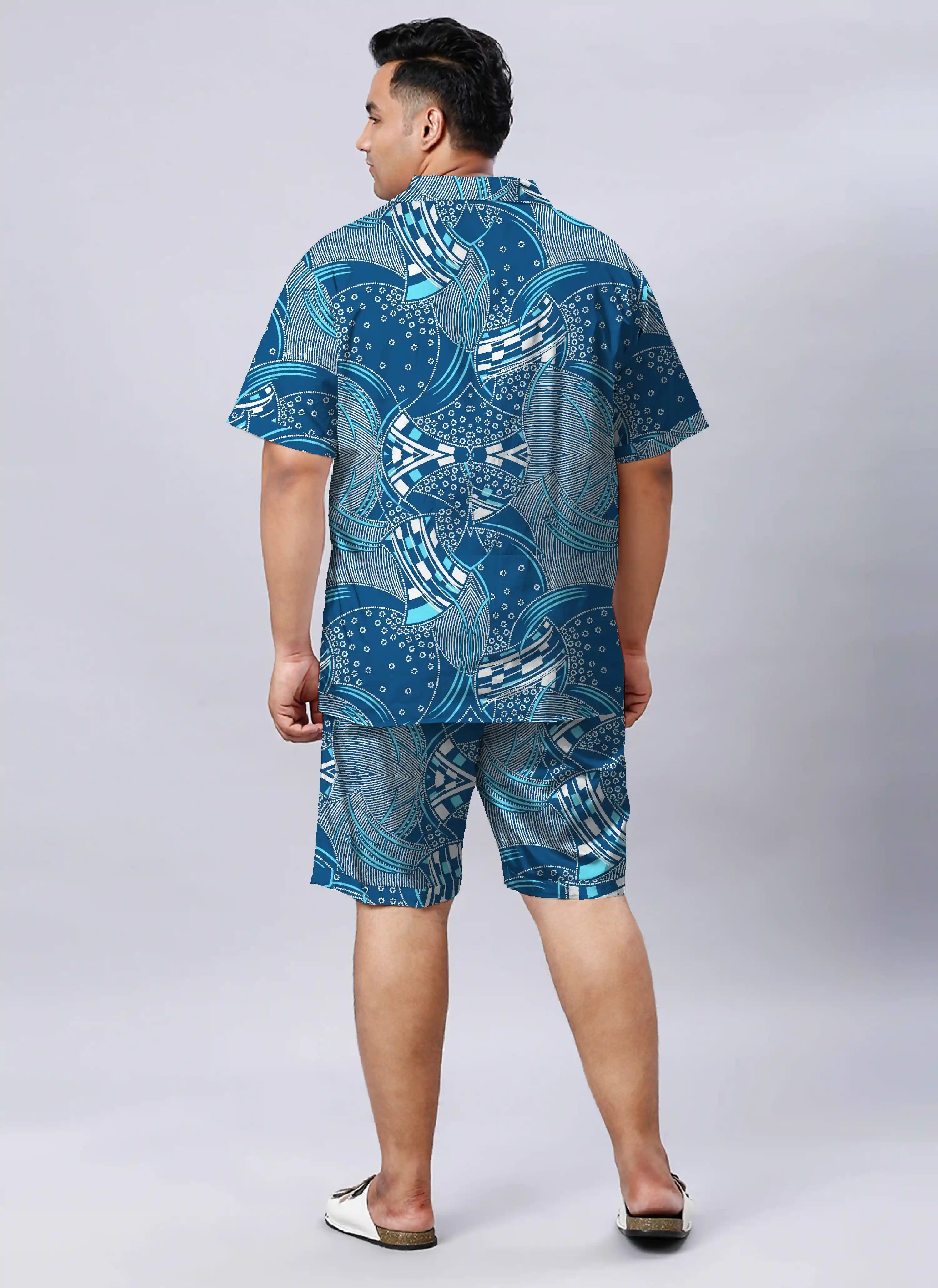 Blue and White Abstract Digital Printed Plus Size Men's Half Co-Ord Set