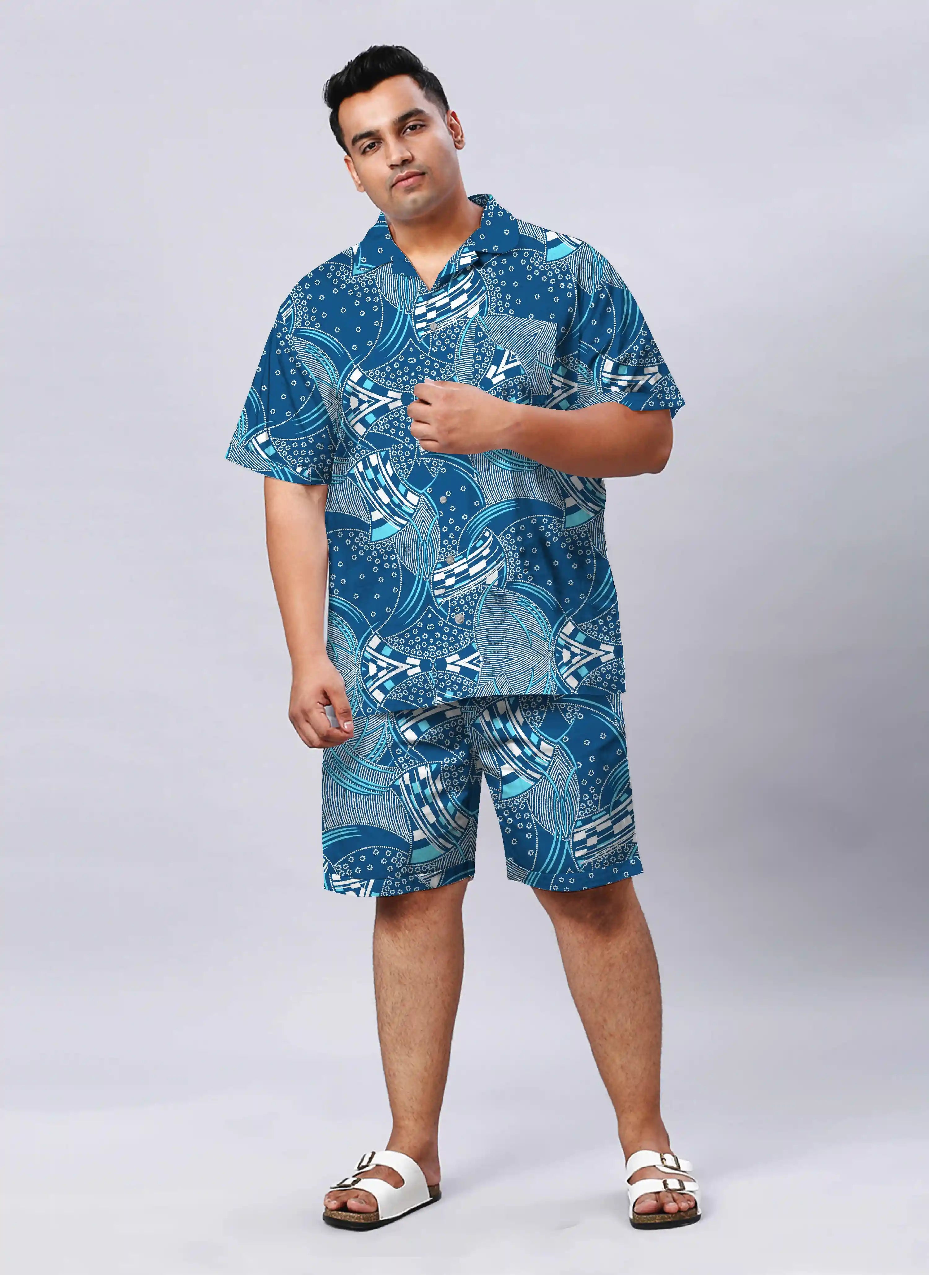 Blue and White Abstract Digital Printed Plus Size Men's Half Co-Ord Set