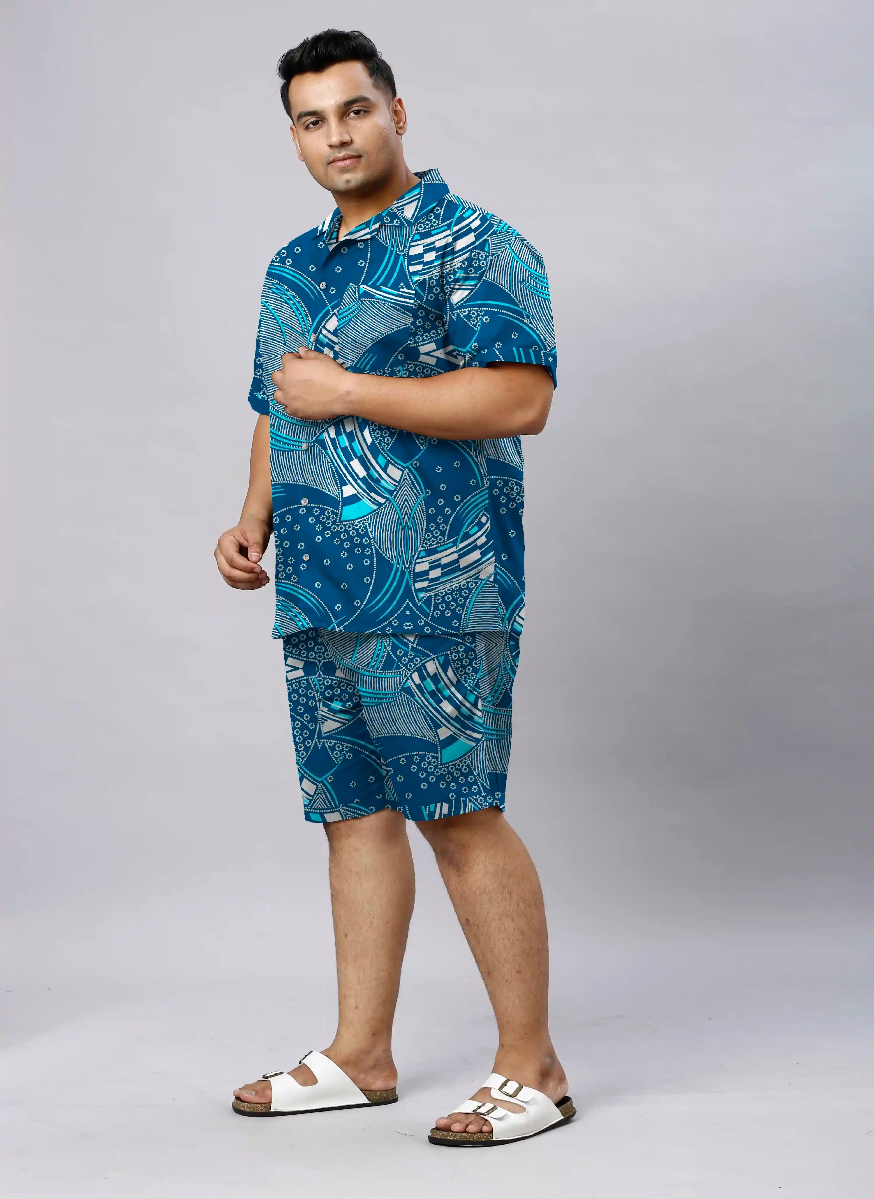 Blue and White Abstract Digital Printed Plus Size Men's Half Co-Ord Set