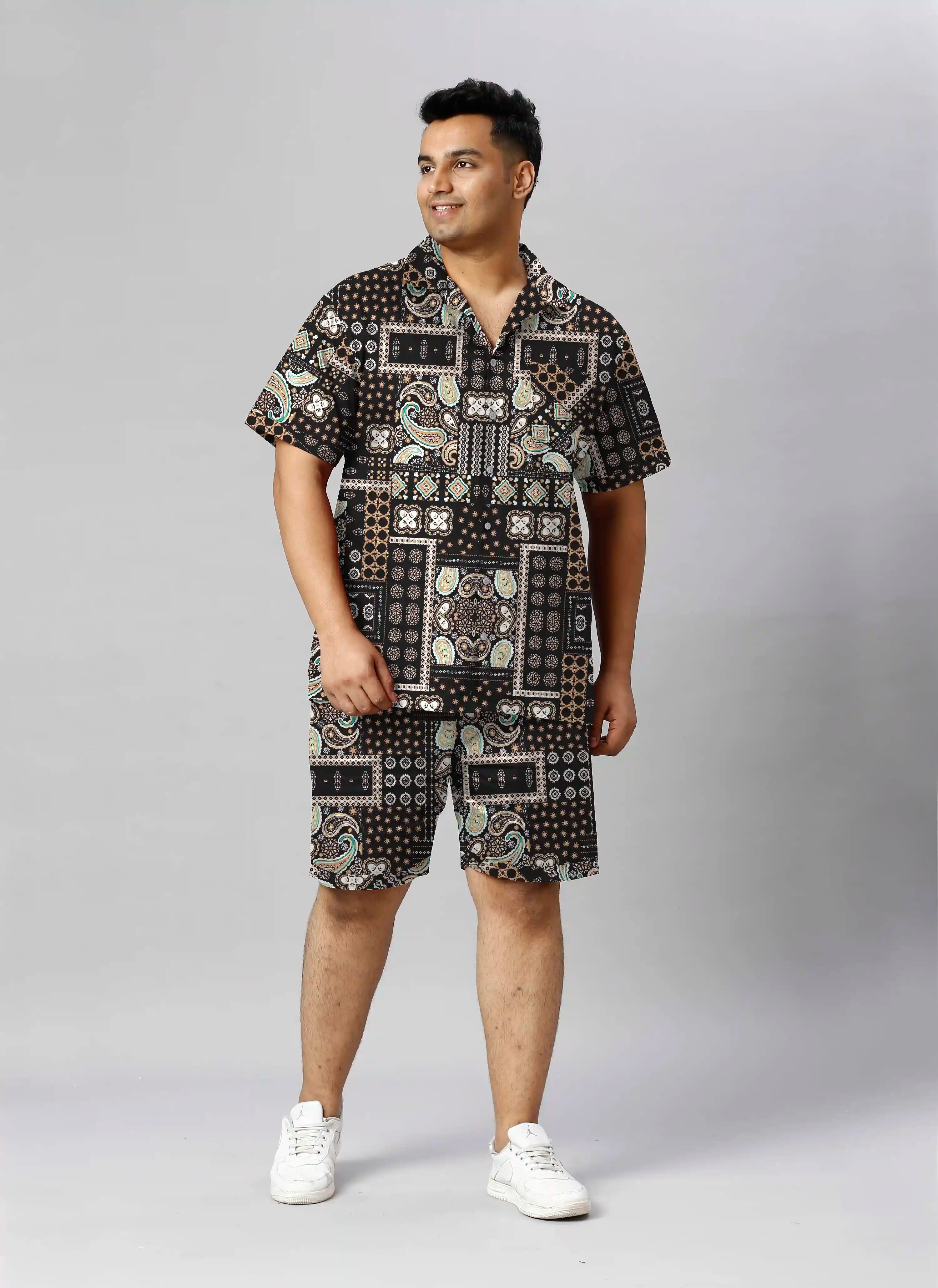 Paisley Patchwork Digital Printed Plus Size Men's Half Co-Ord Set