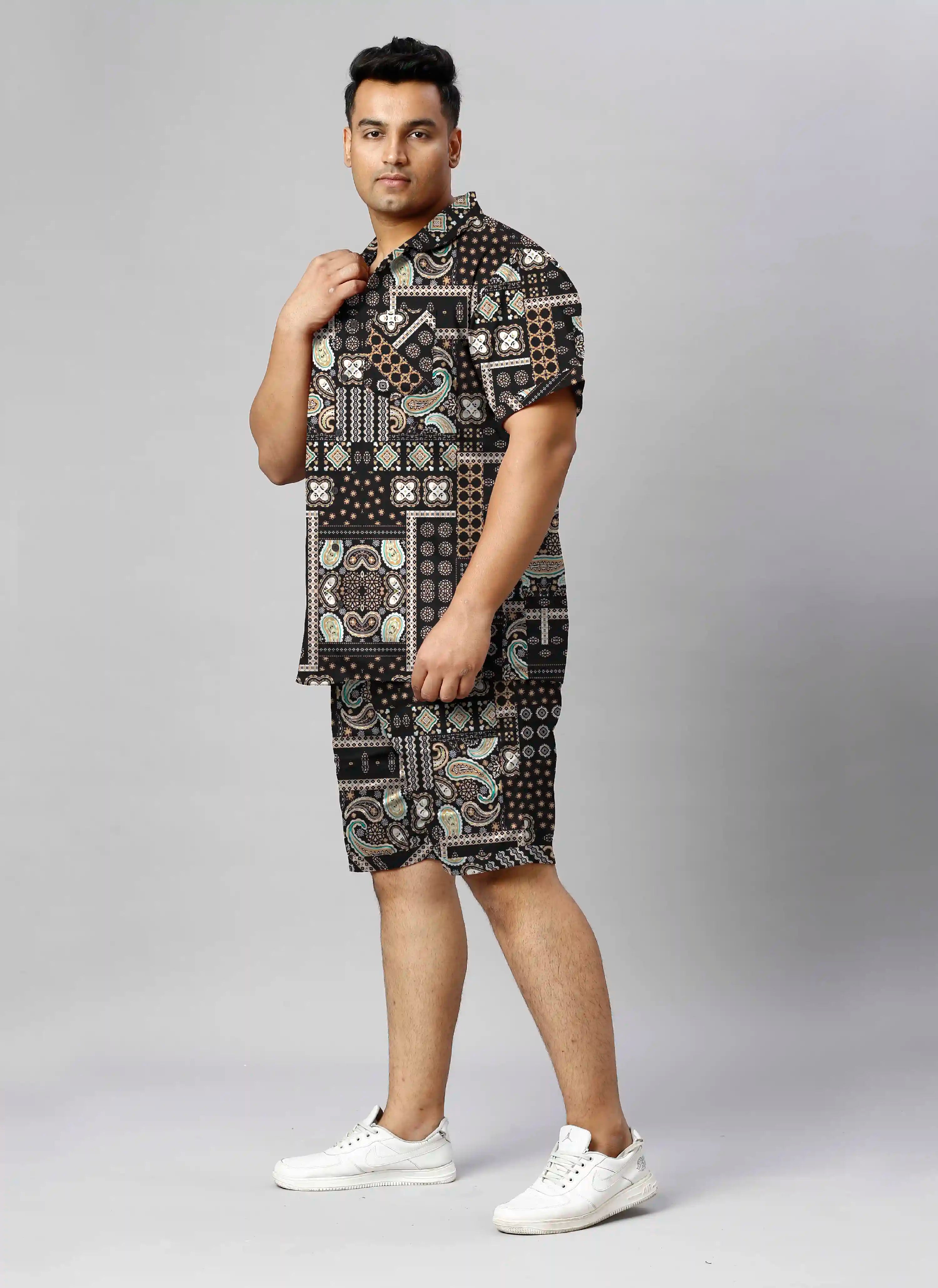 Paisley Patchwork Digital Printed Plus Size Men's Half Co-Ord Set