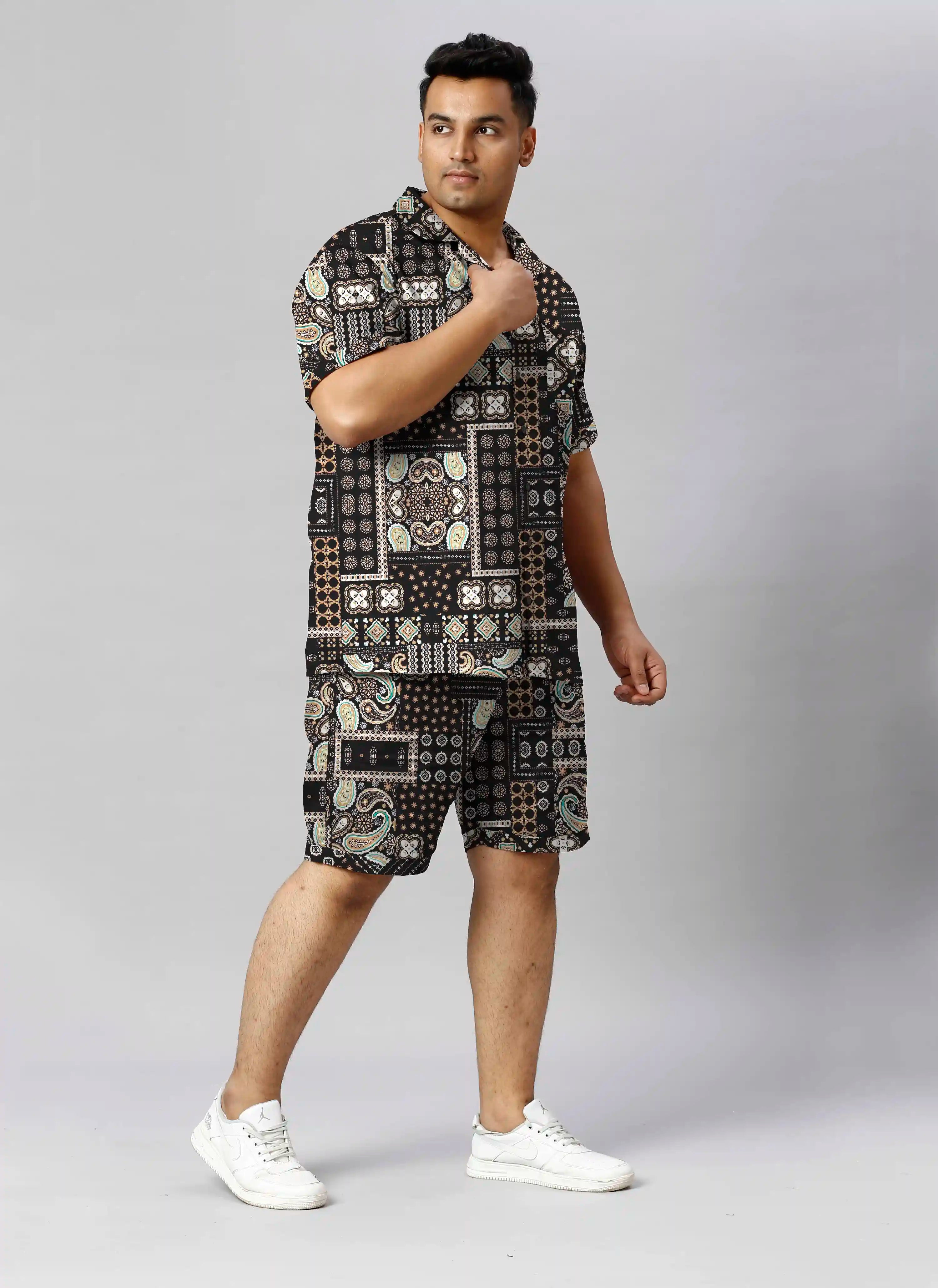 Paisley Patchwork Digital Printed Plus Size Men's Half Co-Ord Set