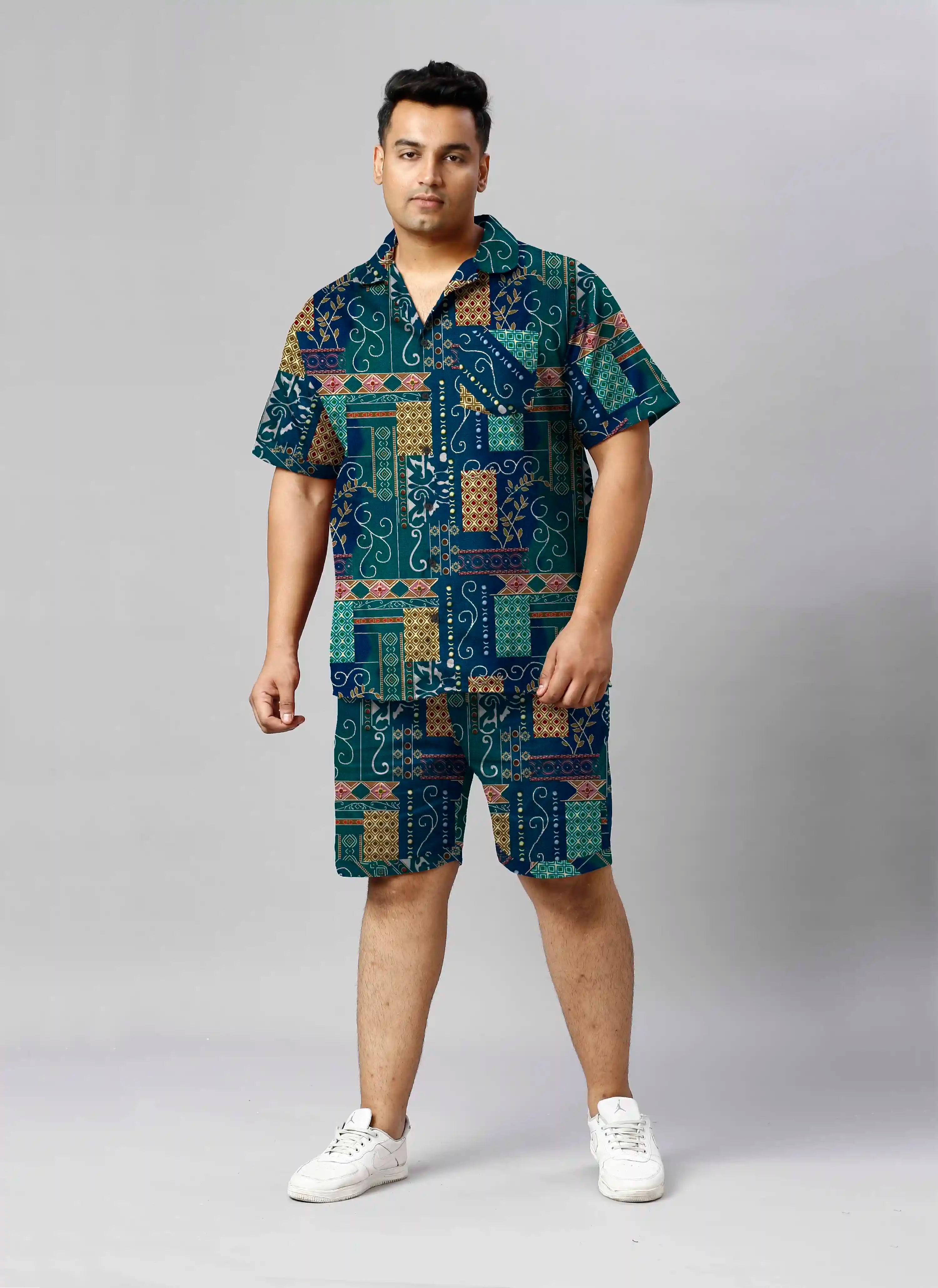 Sambalpuri Styles Digital Printed Plus Size Men's Half Co-Ord Set