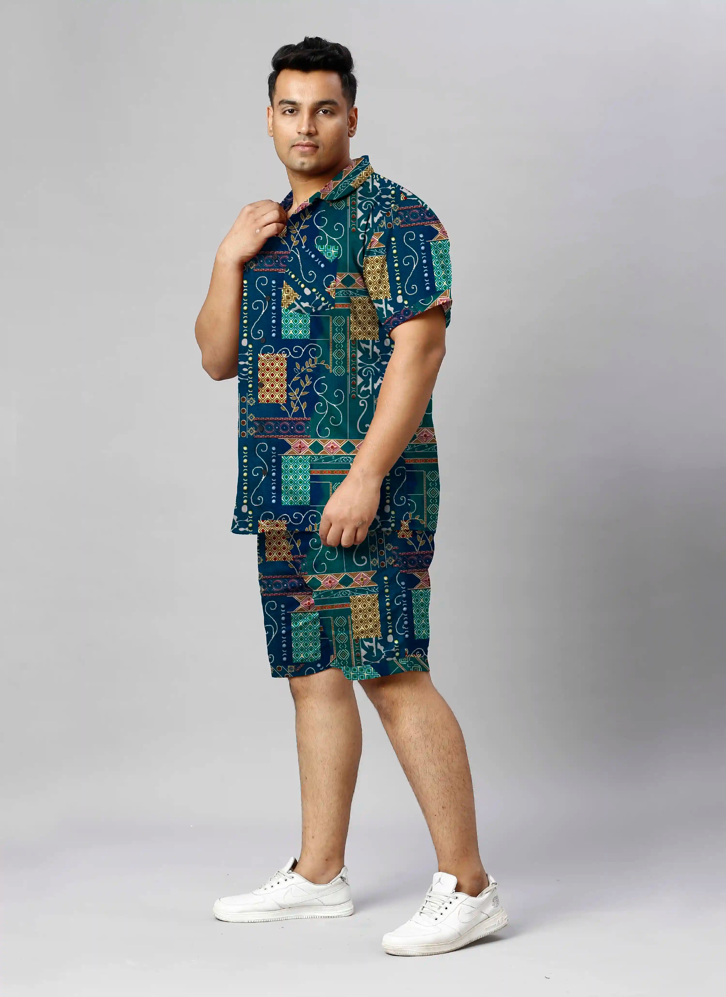Sambalpuri Styles Digital Printed Plus Size Men's Half Co-Ord Set