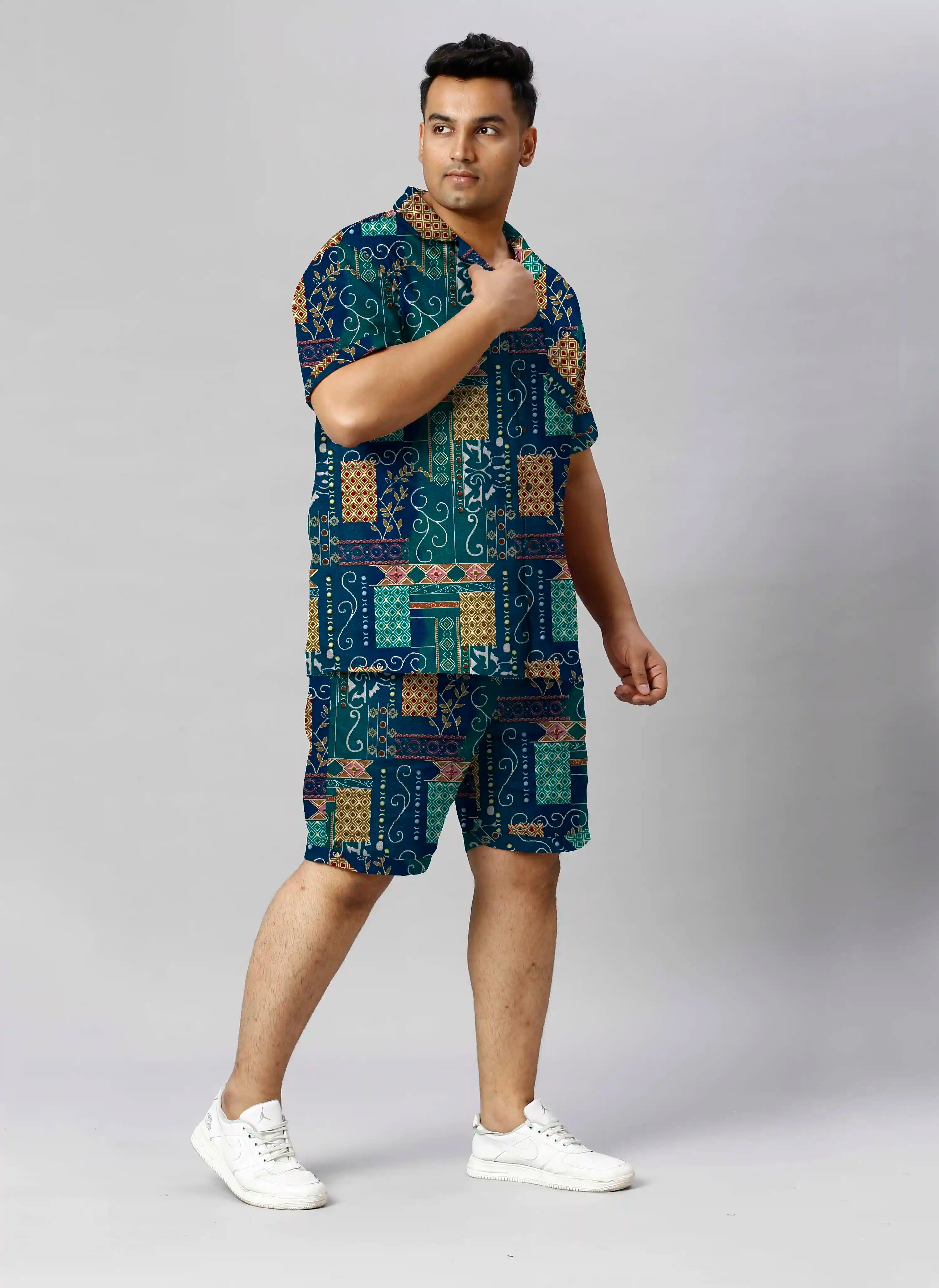 Sambalpuri Styles Digital Printed Plus Size Men's Half Co-Ord Set
