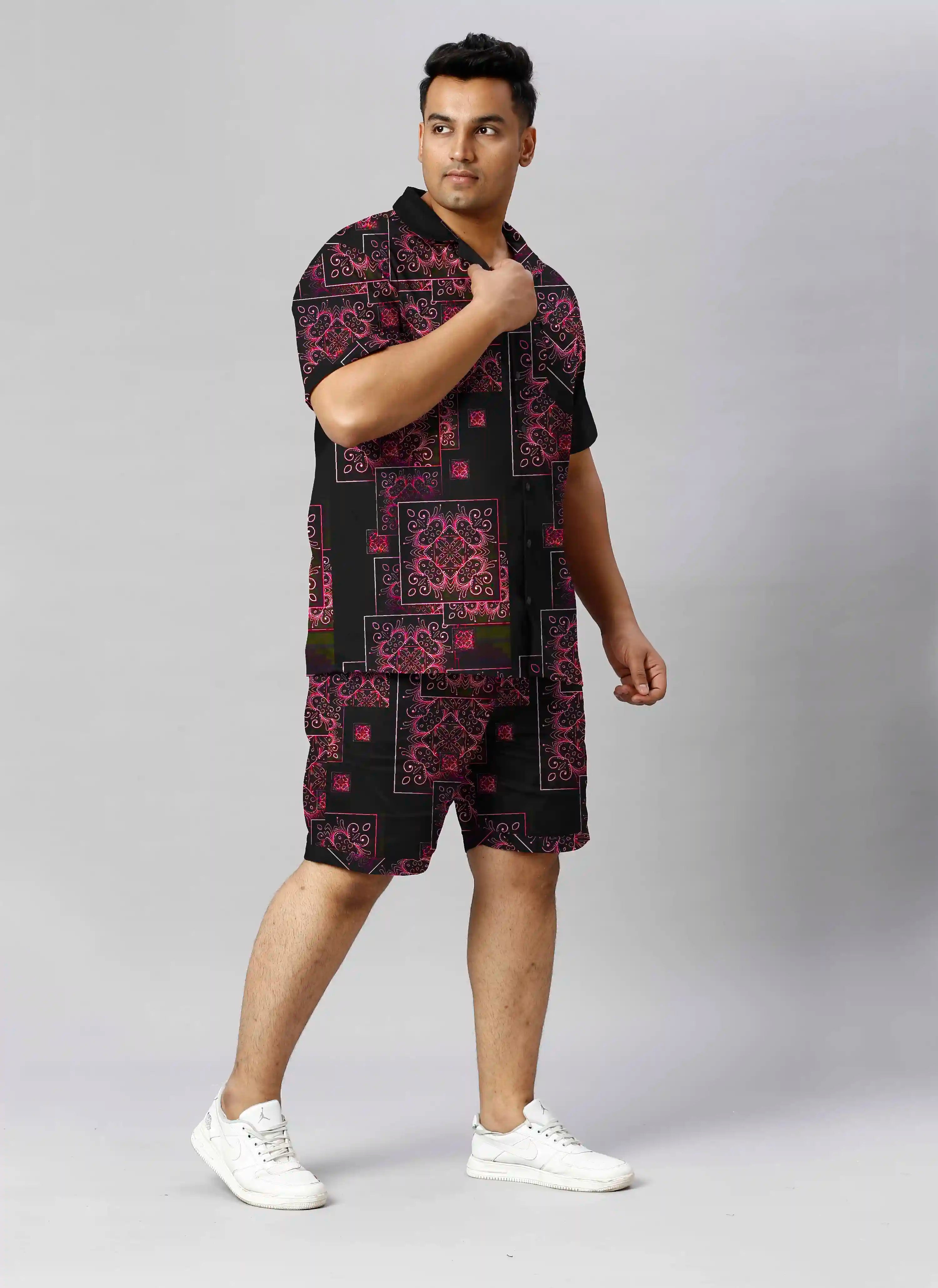 Mandala Square Digital Printed Plus Size Men's Half Co-Ord Set