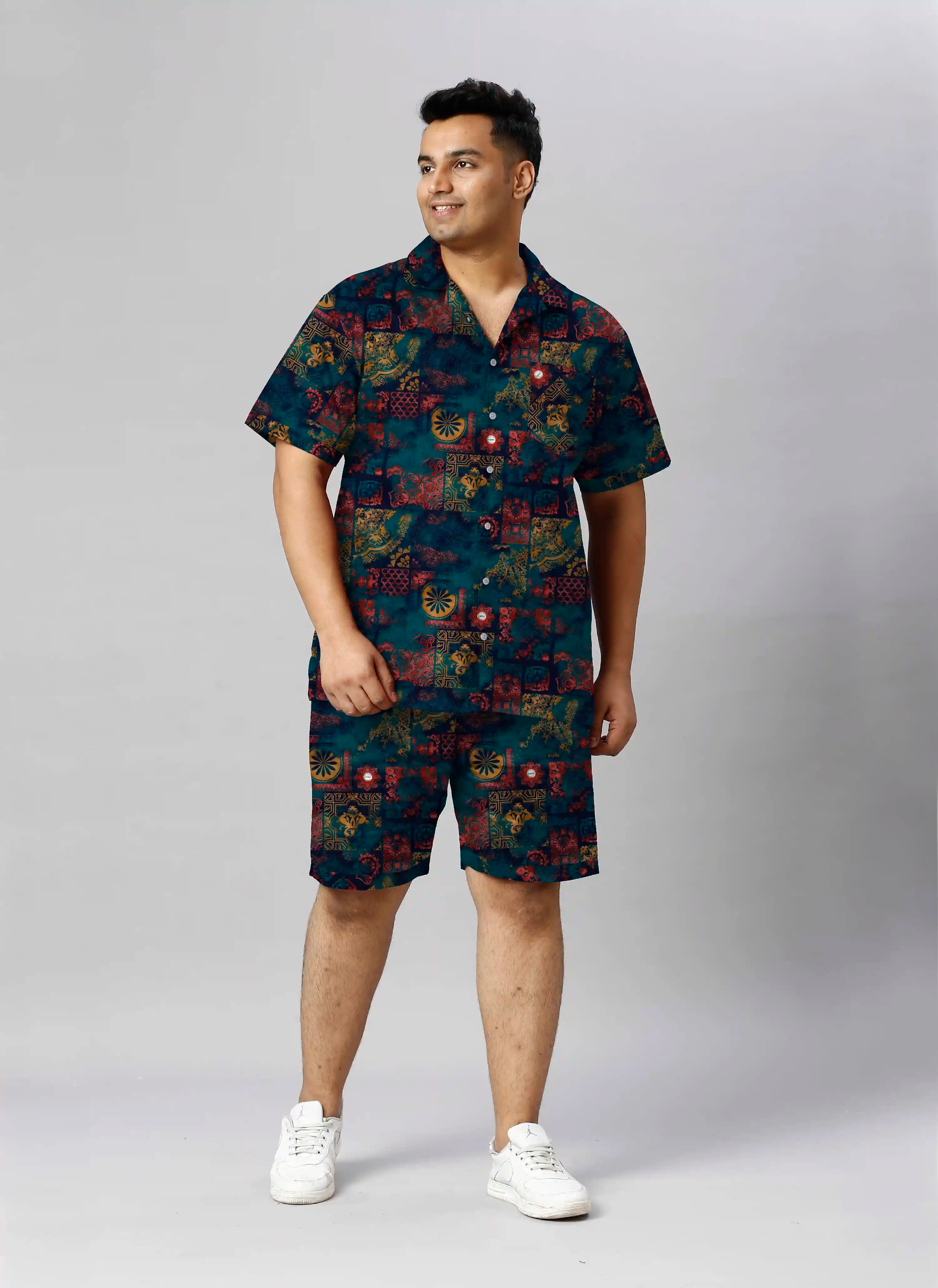 Mandala Pattern Digital Printed Plus Size Men's Half Co-Ord Set