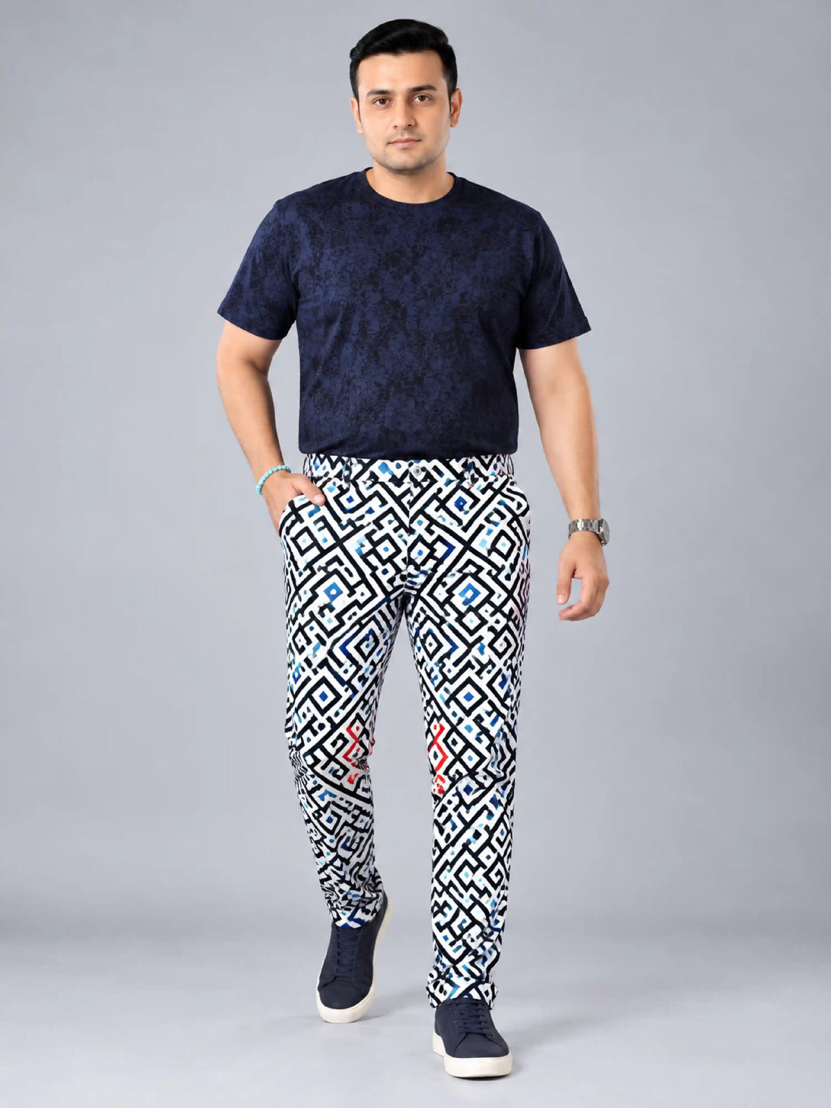 Urban Geometry Digital Printed Twill Lycra Men's Plus Size Full Pant.