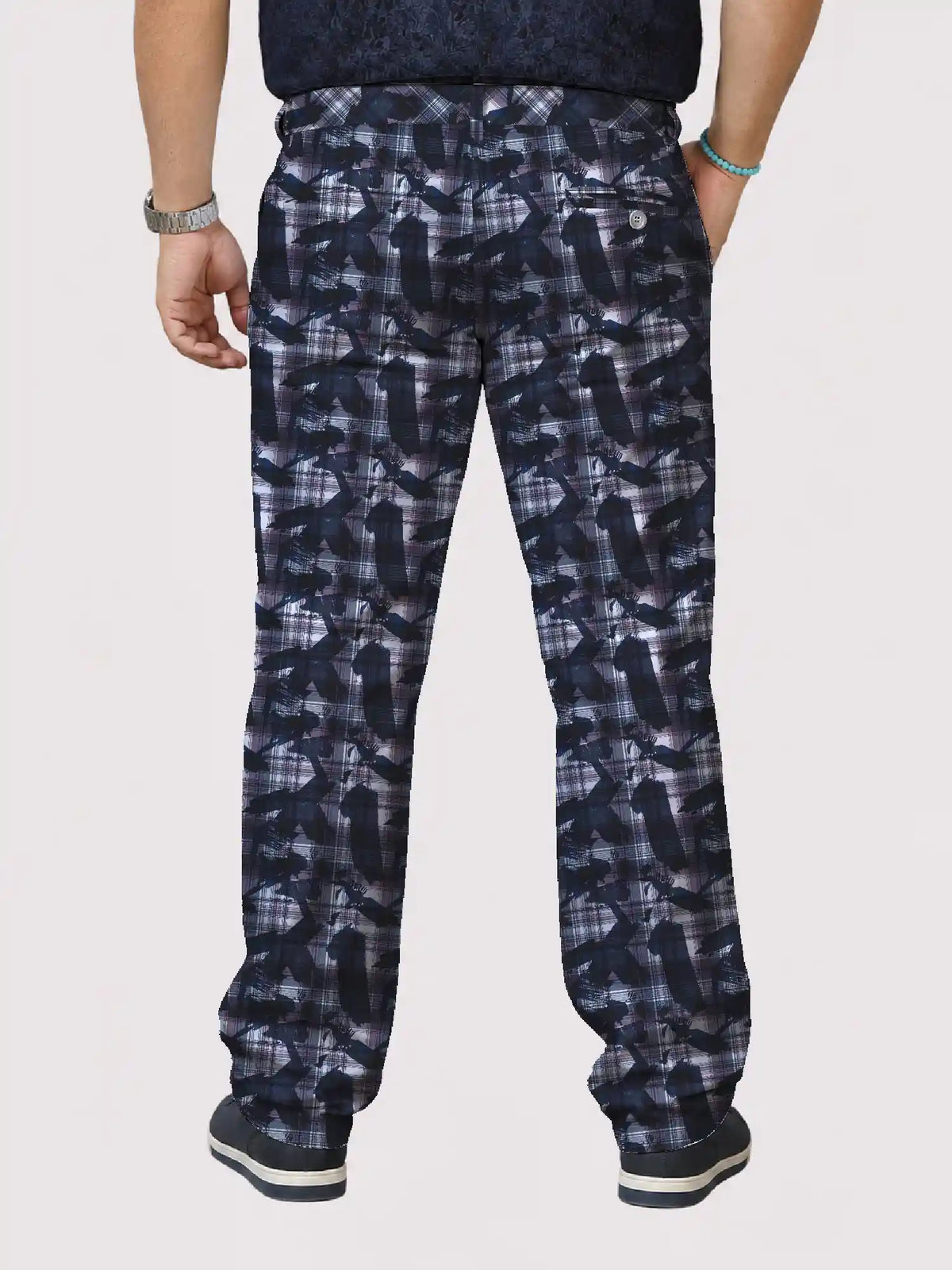Blue Abstract Check Digital Printed Twill Lycra Men's Plus Size Full Pant