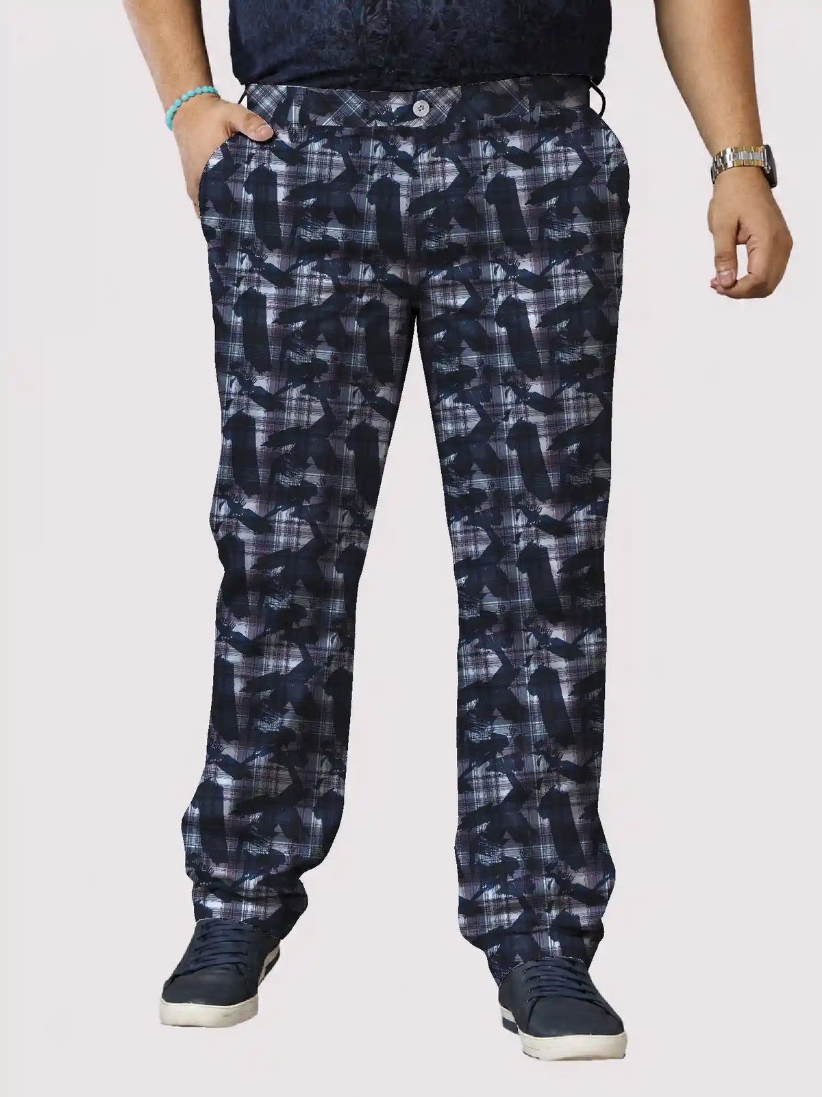 Blue Abstract Check Digital Printed Twill Lycra Men's Plus Size Full Pant