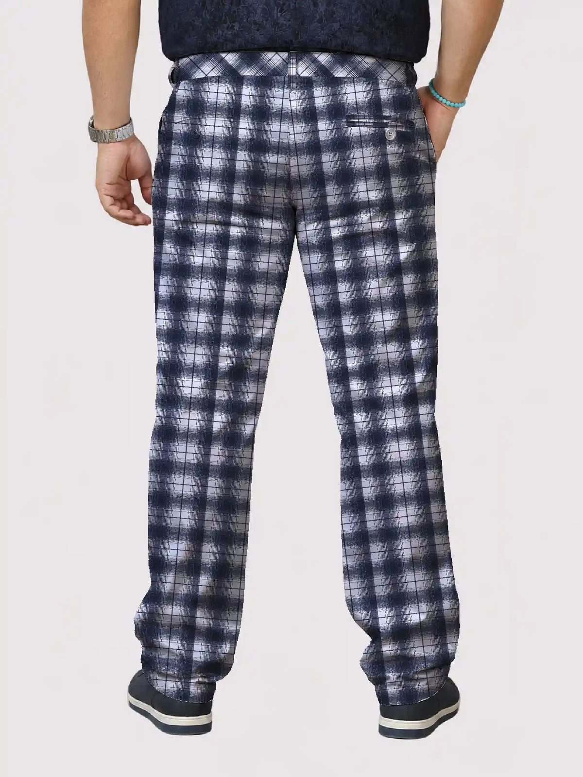 Blue Rustic Checks Digital Printed Twill Lycra Men's Plus Size Full Pant