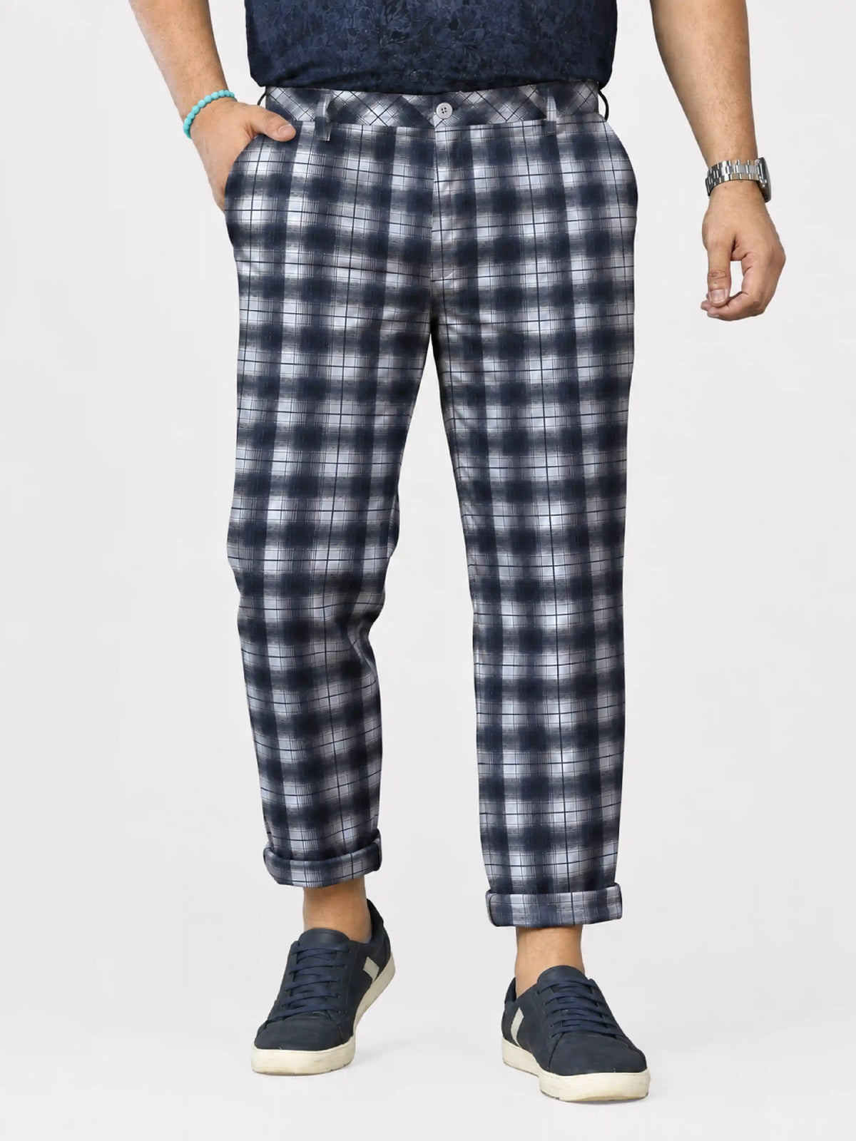 Blue Rustic Checks Digital Printed Twill Lycra Men's Plus Size Full Pant