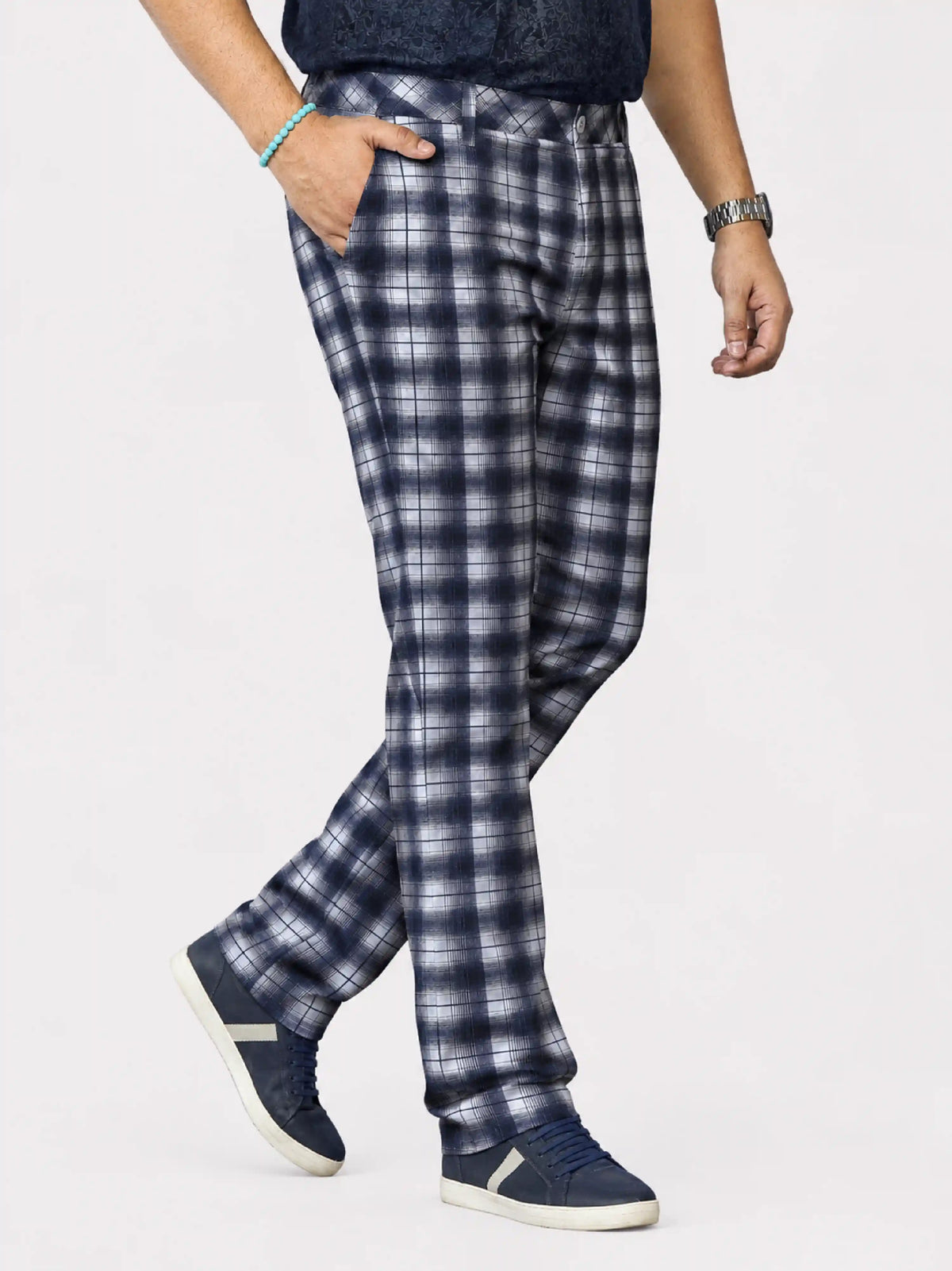 Blue Rustic Checks Digital Printed Twill Lycra Men's Plus Size Full Pant