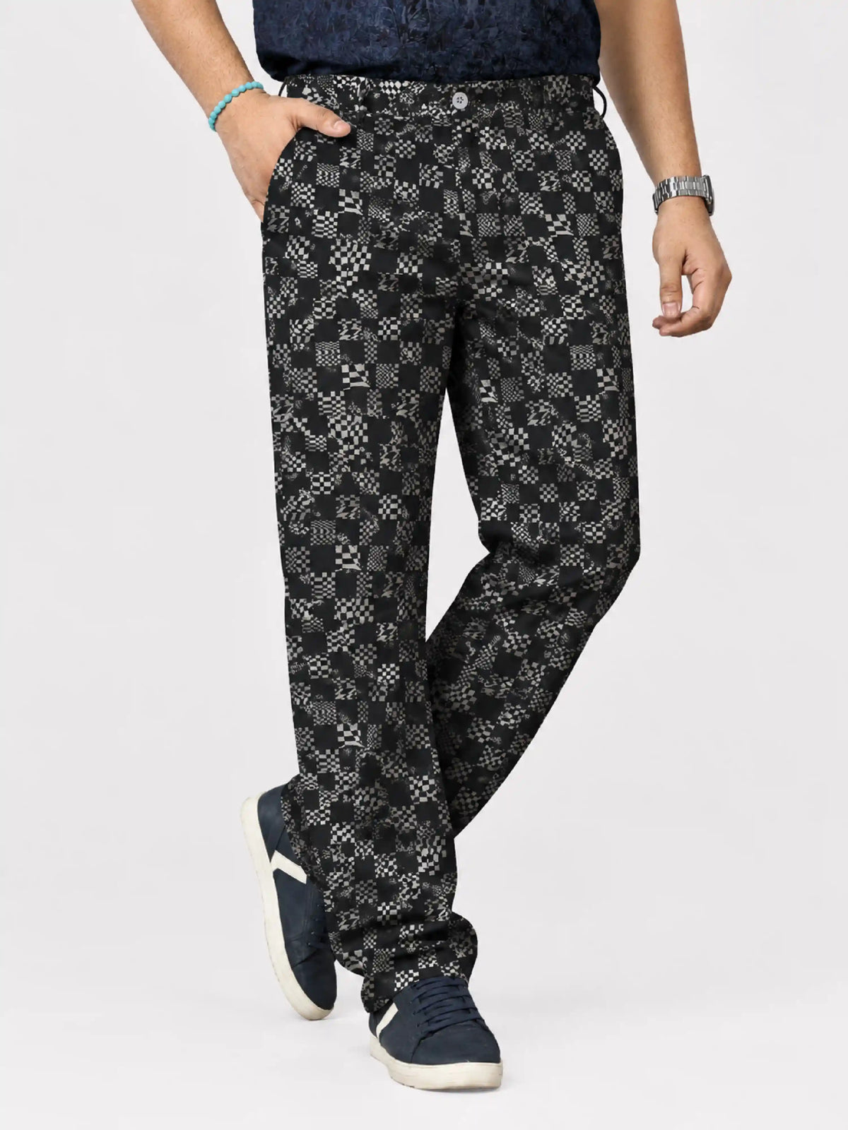 Check Matrix Digital Printed Twill Lycra Men's Plus Size Full Pant