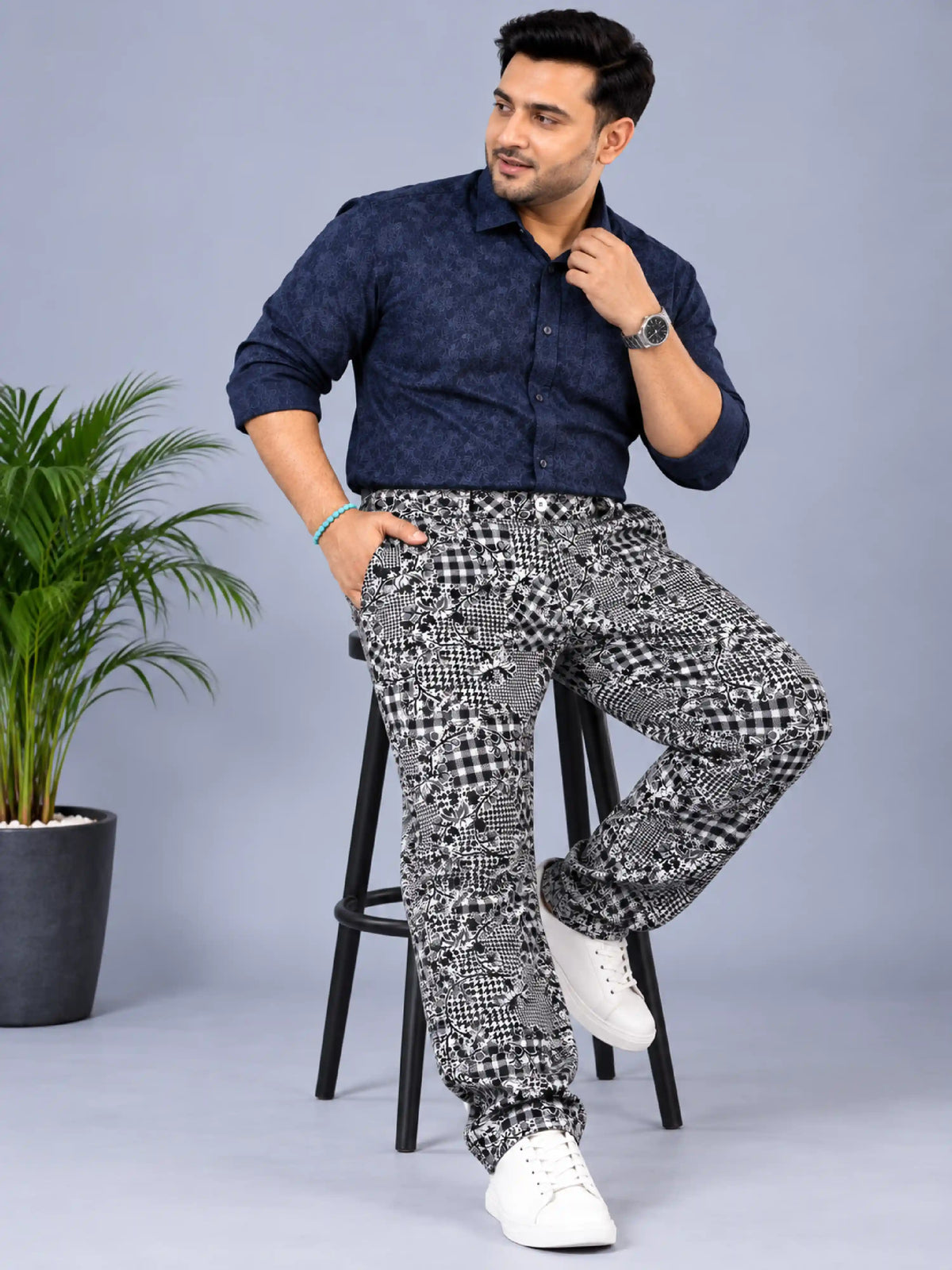 Checkered Floral Digital Printed Twill Lycra Men's Plus Size Full Pant