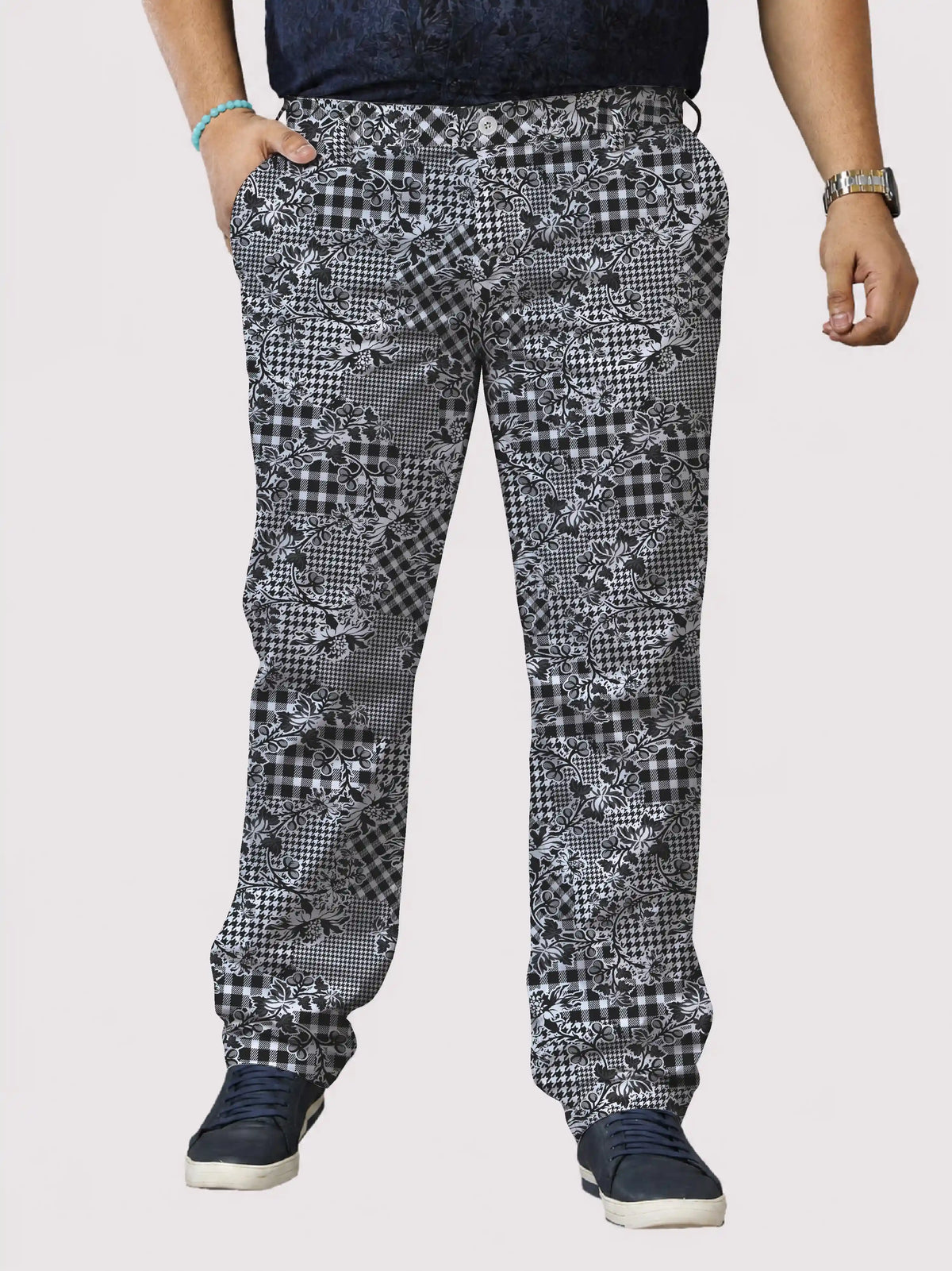 Checkered Floral Digital Printed Twill Lycra Men's Plus Size Full Pant