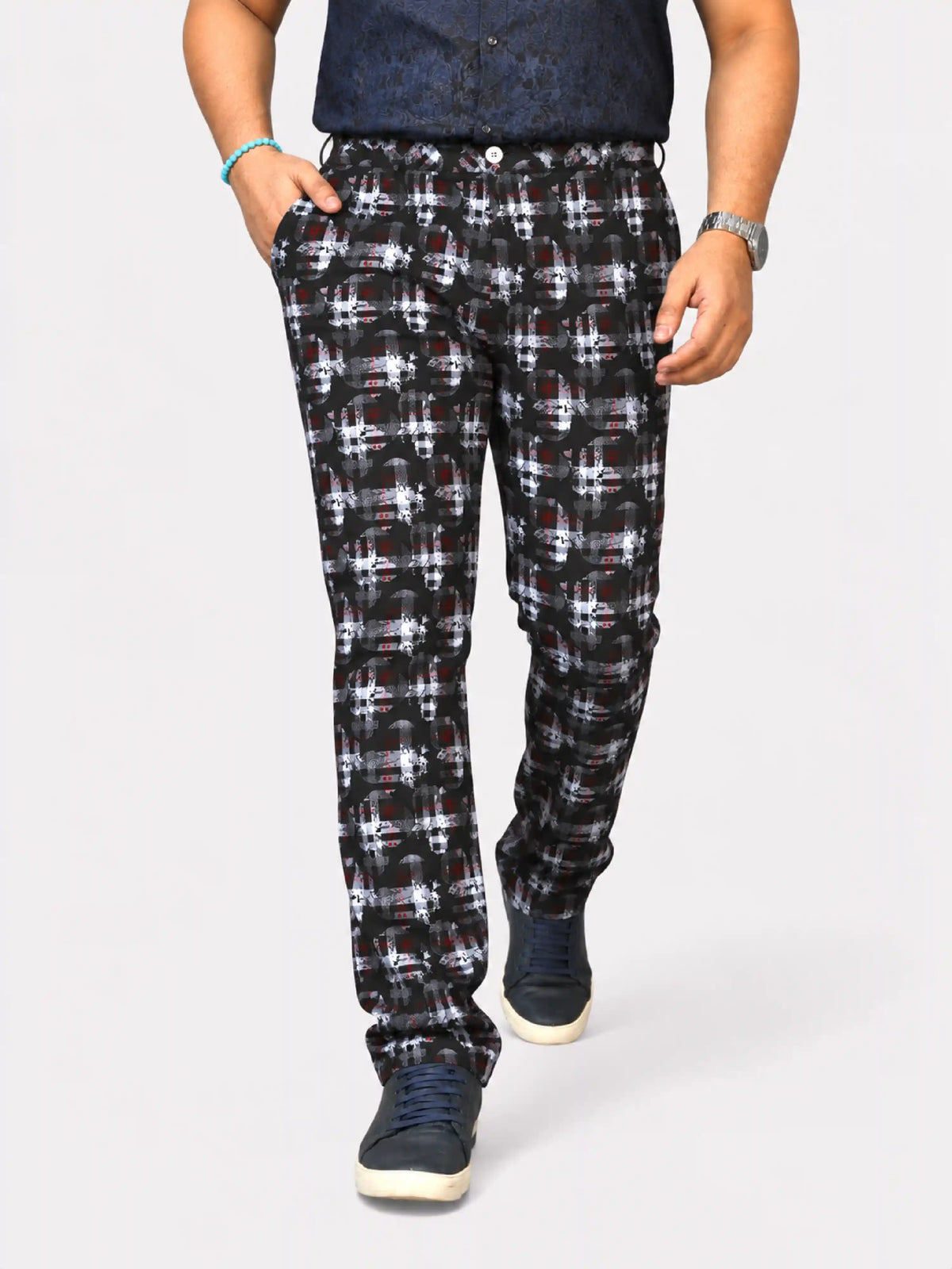 Orbit Checks Digital Printed Twill Lycra Men's Plus Size Full Pant