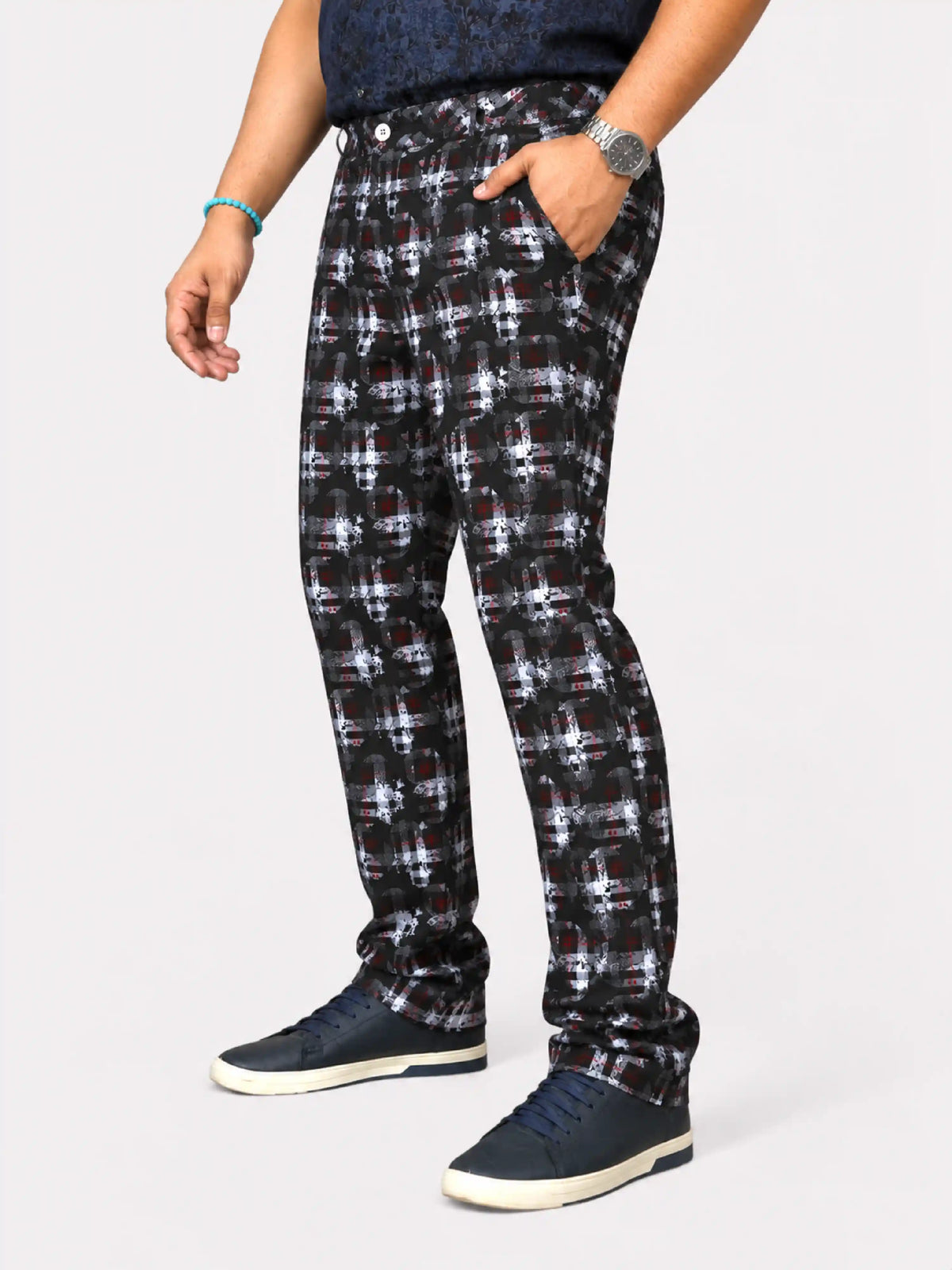 Orbit Checks Digital Printed Twill Lycra Men's Plus Size Full Pant