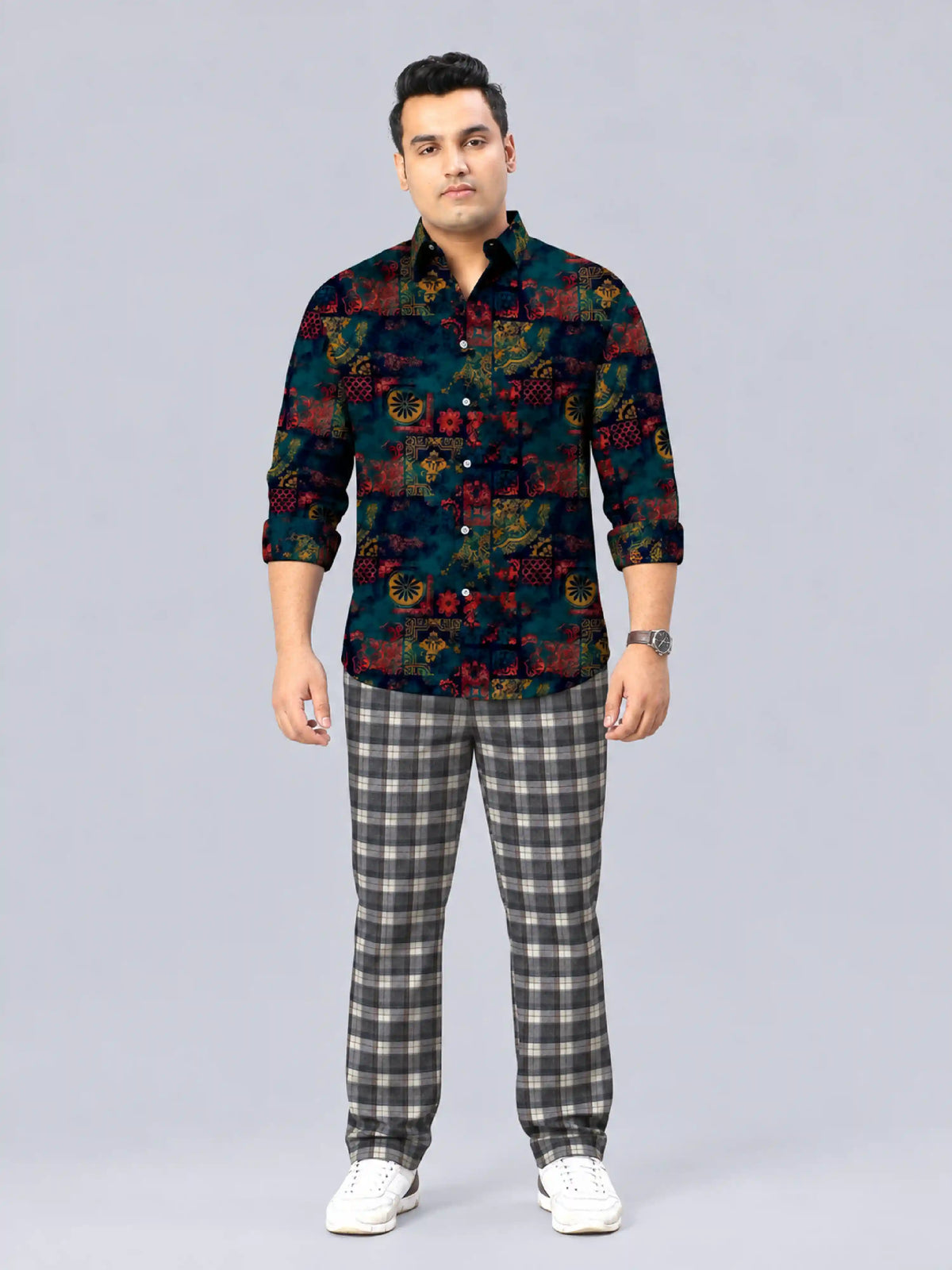Rust Check Digital Printed Twill Lycra Men's Plus Size Full Pant