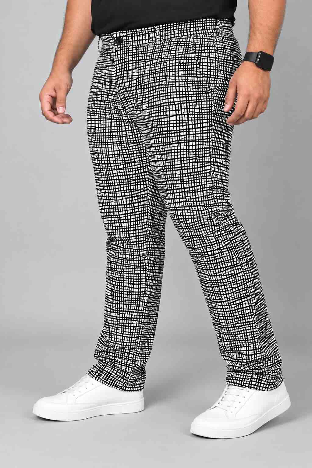 Urban Line Grid Digital Printed Twill Lycra Men's Plus Size Full Pant