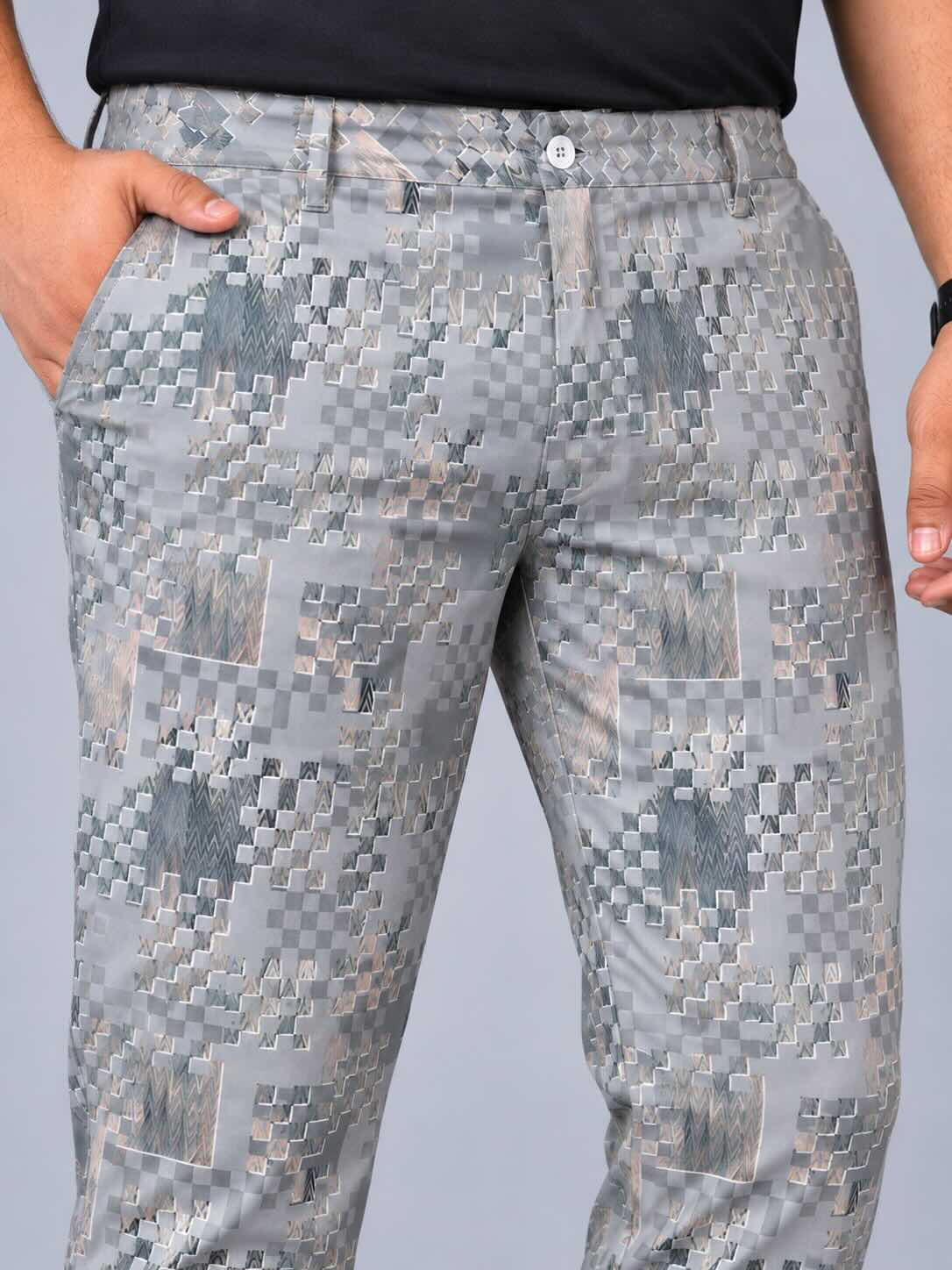 Abstract Grey Weave Printed Twill Lycra Men's Plus Size Full Pant