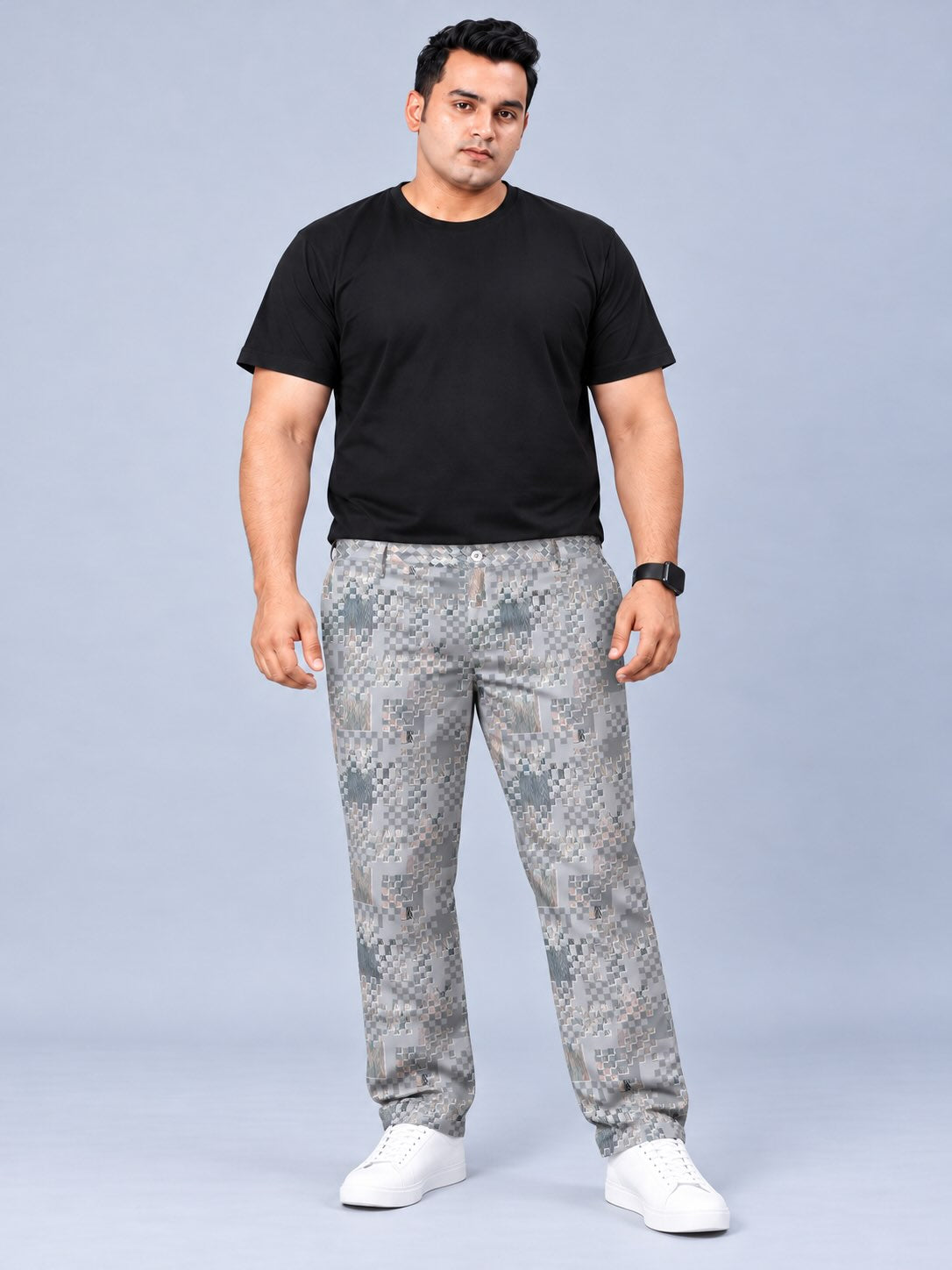 Abstract Grey Weave Printed Twill Lycra Men's Plus Size Full Pant