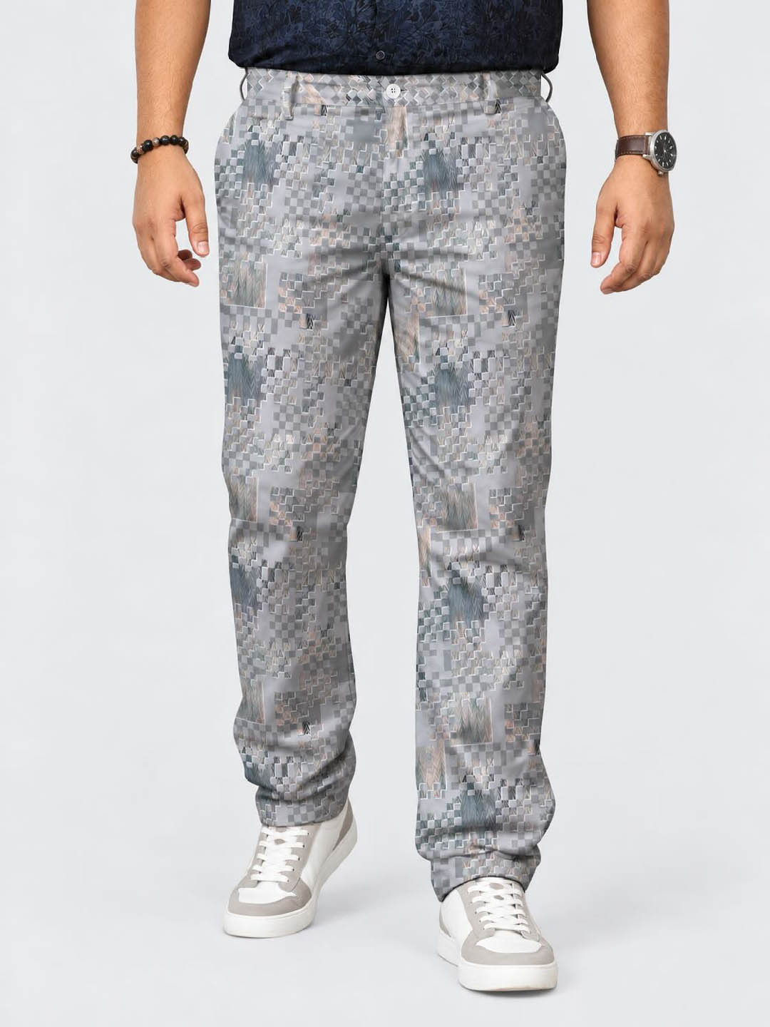 Abstract Grey Weave Printed Twill Lycra Men's Plus Size Full Pant