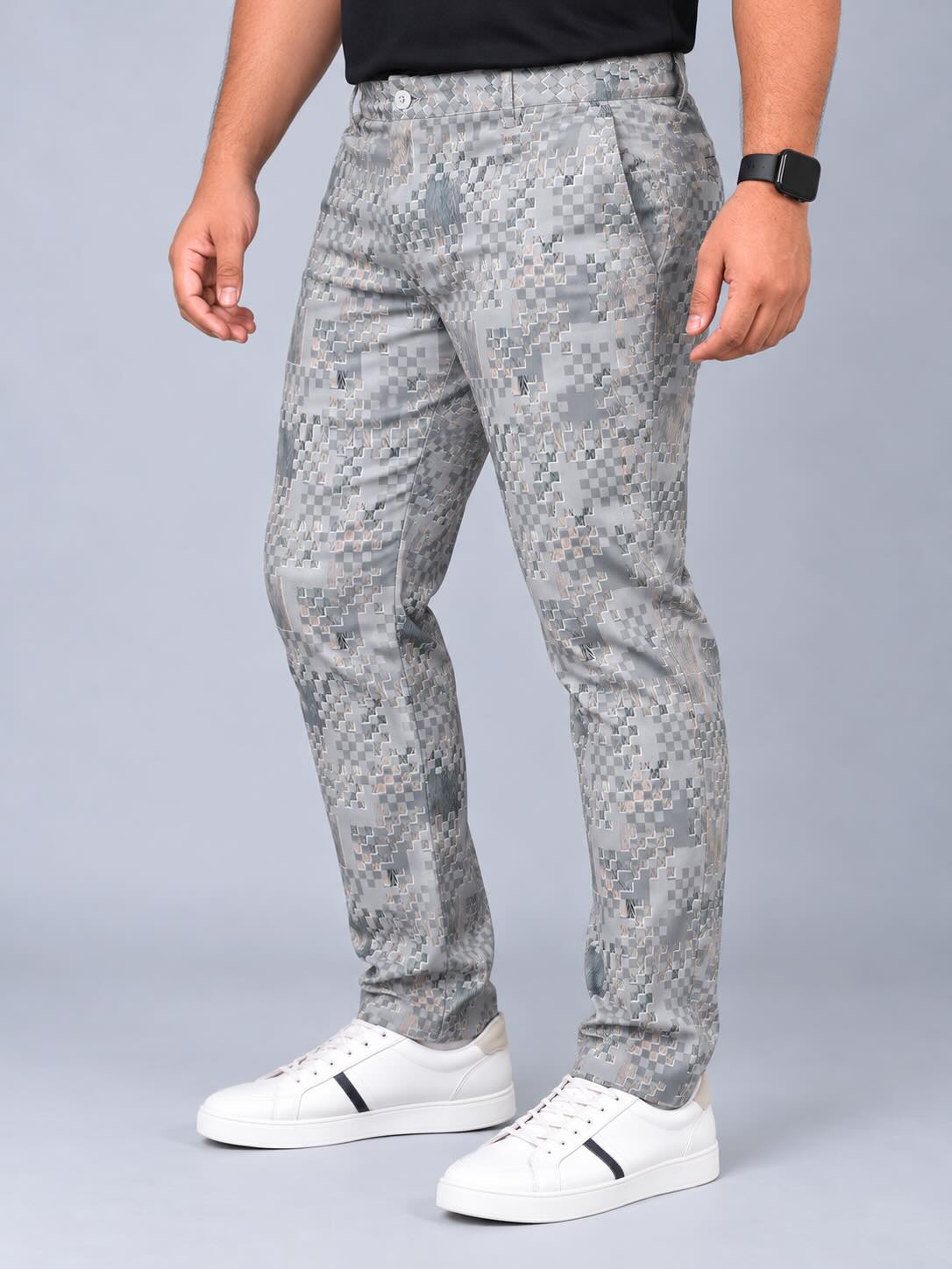 Abstract Grey Weave Printed Twill Lycra Men's Plus Size Full Pant