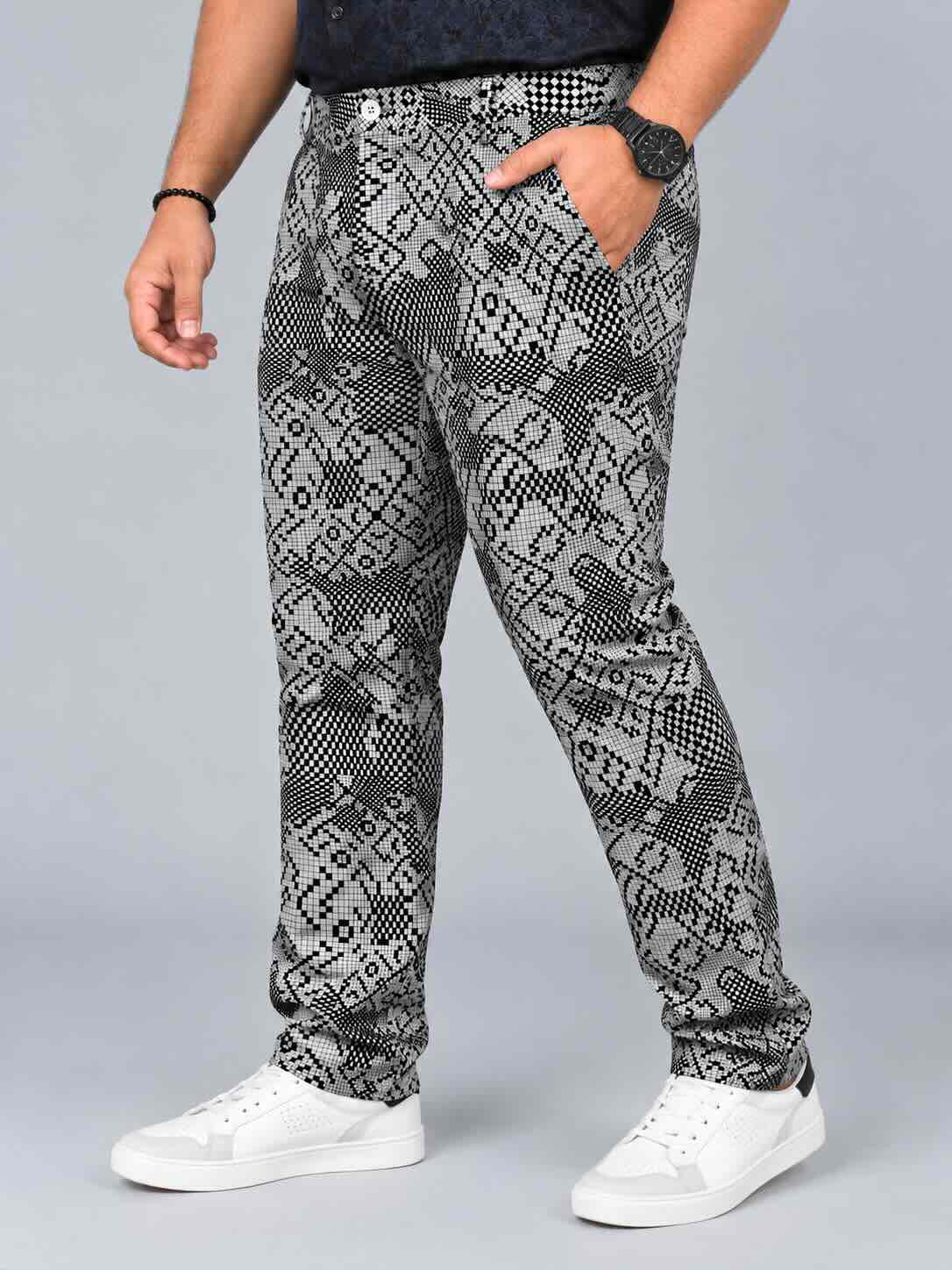 Pixel Paisley Printed Twill Lycra Men's Plus Size Full Pant